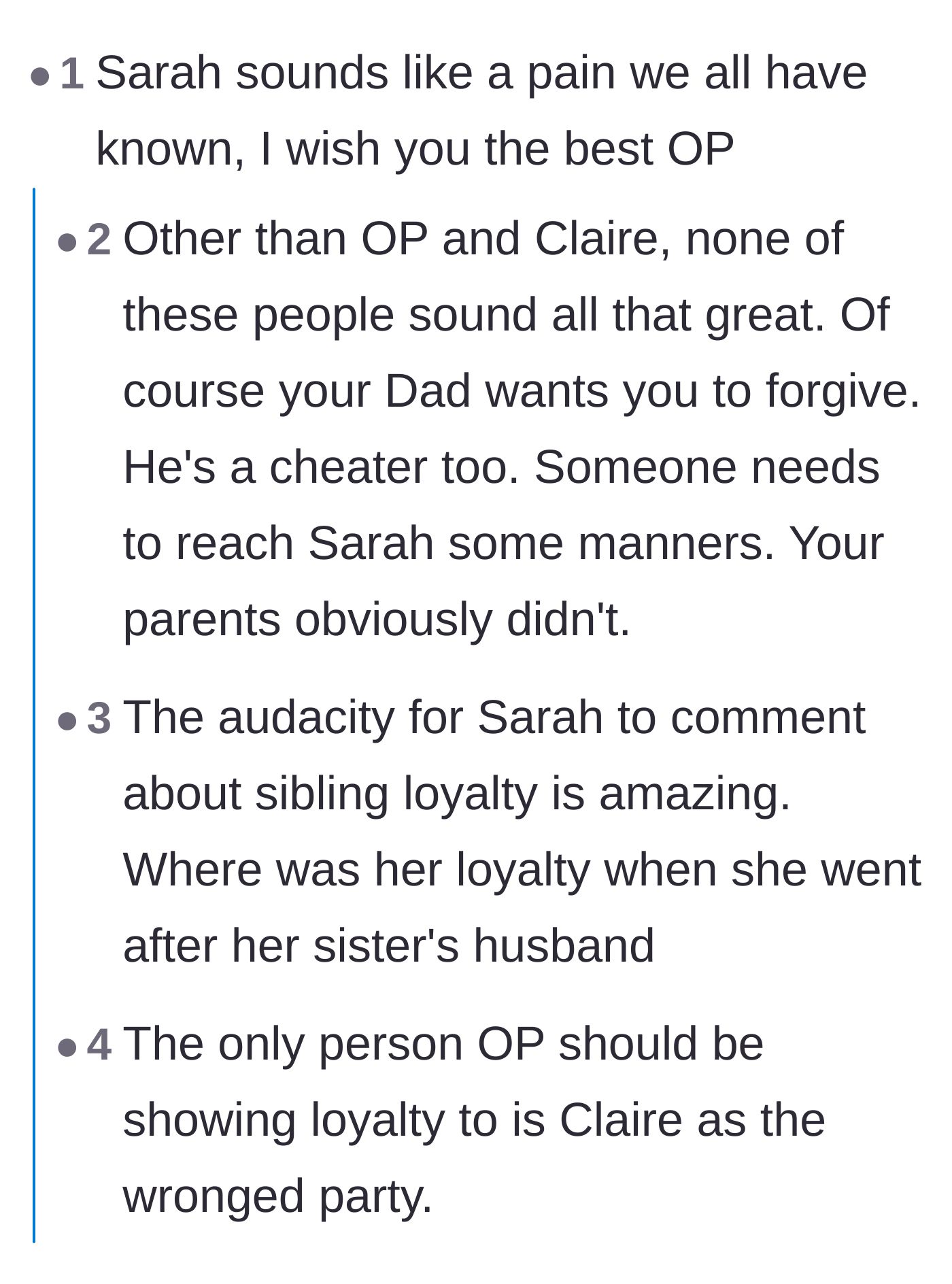 Comment thread 1 - Readers call out the hypocrisy of the sister demanding loyalty and the father's biased leniency.