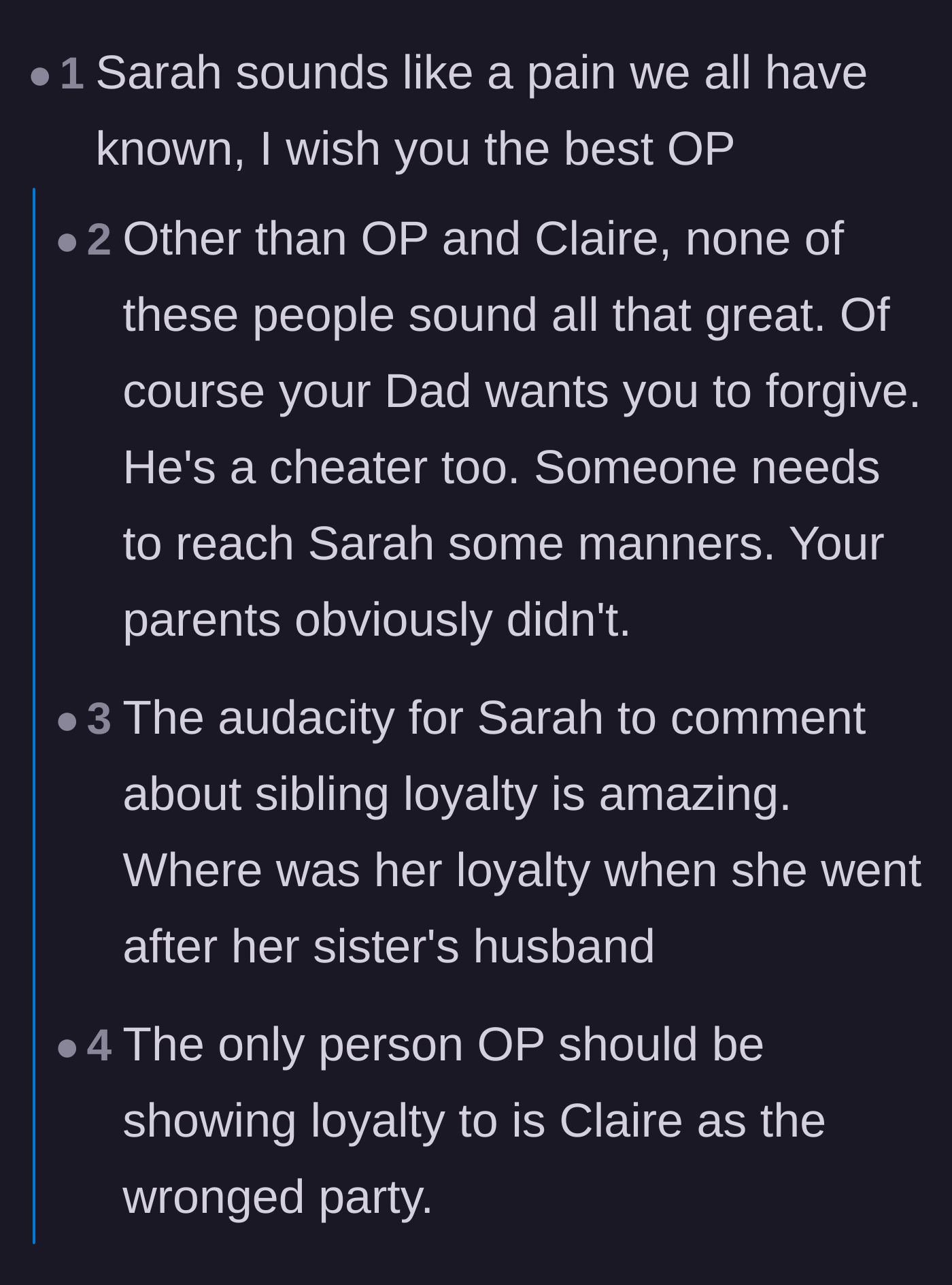 Comment thread 1 - Readers call out the hypocrisy of the sister demanding loyalty and the father's biased leniency.