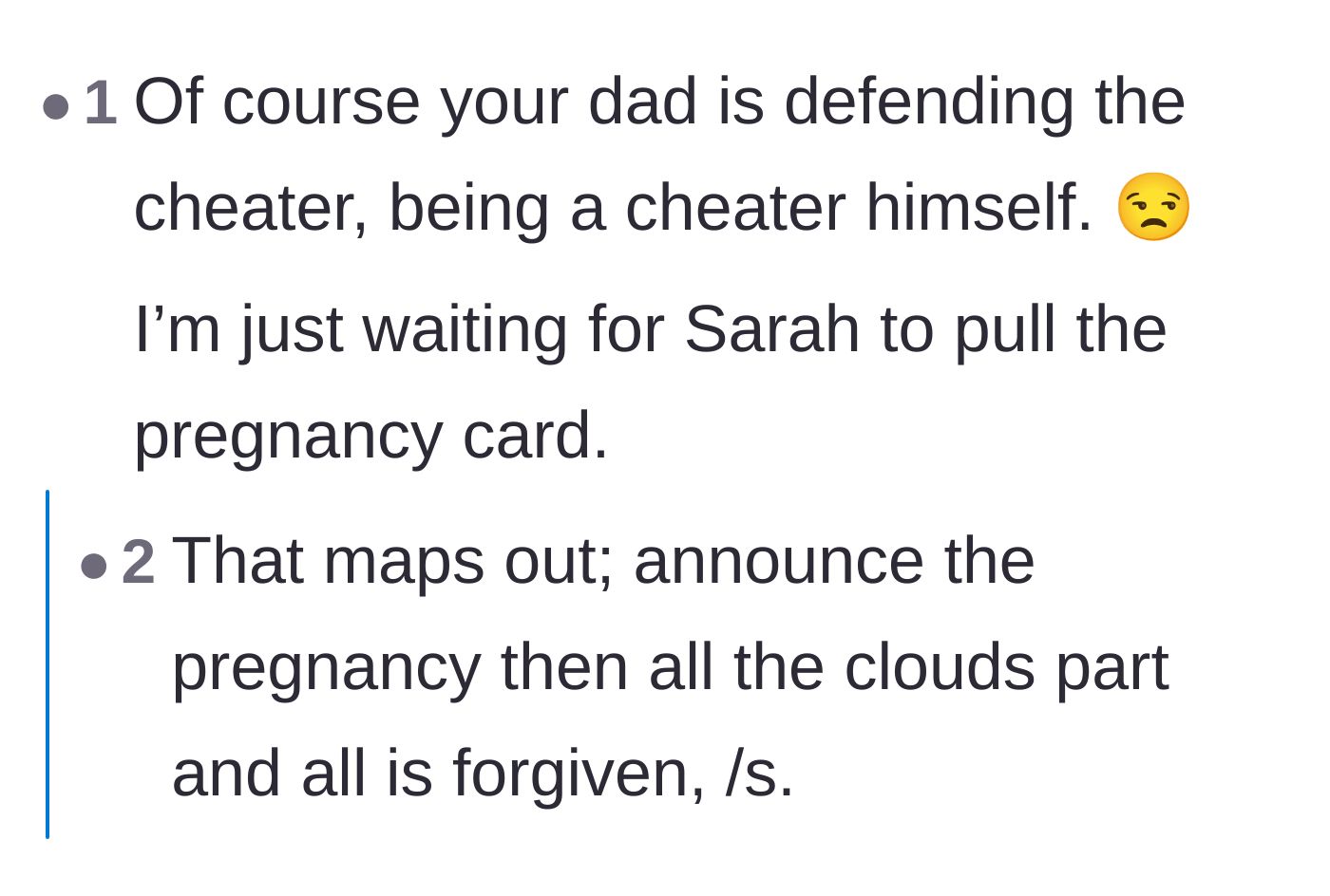 Comment thread 5 - Speculation about the father's own cheating past and predictions of a manipulative pregnancy announcement.