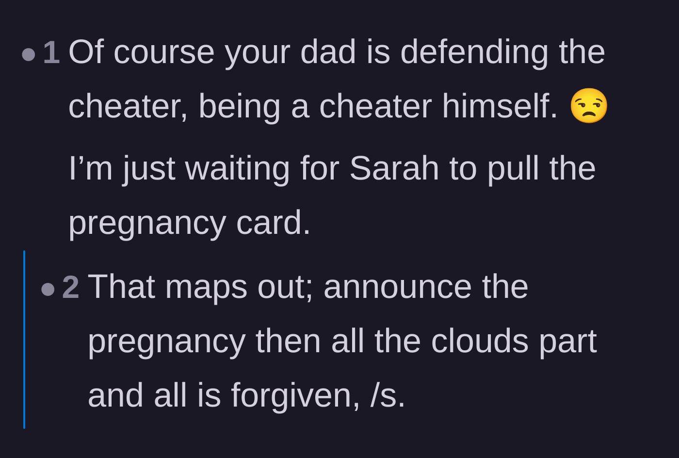 Comment thread 5 - Speculation about the father's own cheating past and predictions of a manipulative pregnancy announcement.