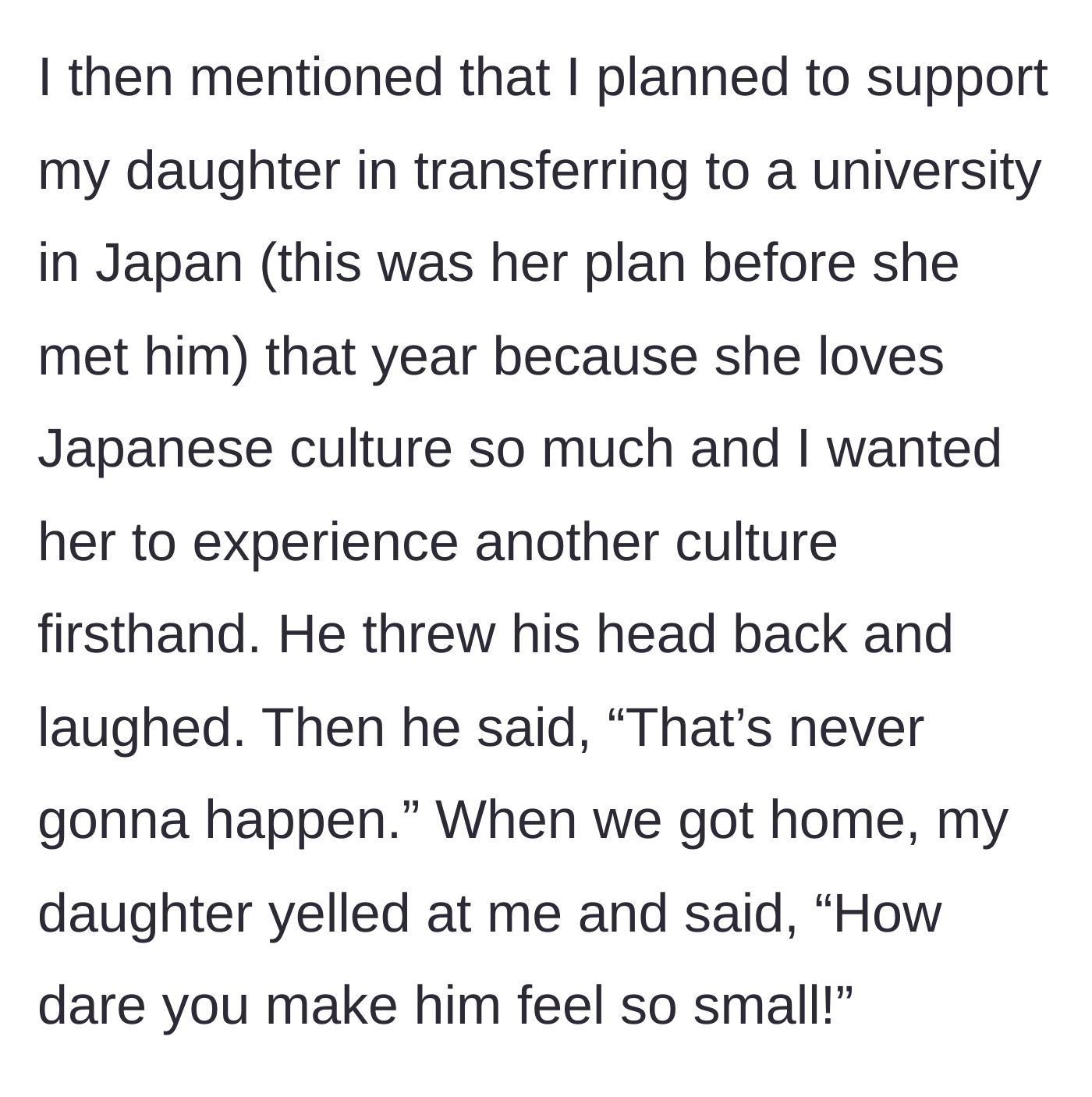 Story part 4 - The boyfriend laughs at the mother's plan to fund her daughter's studies in Japan.