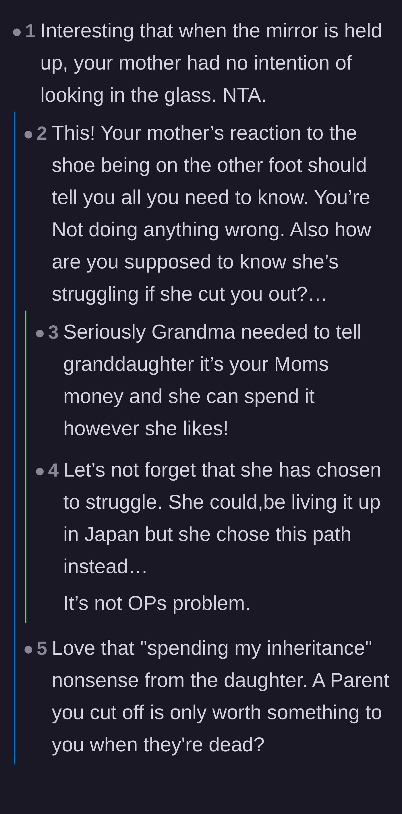 Comment thread 1 - Commenters detail the extravagant lifestyle the daughter gave up to fund a deadbeat boyfriend.