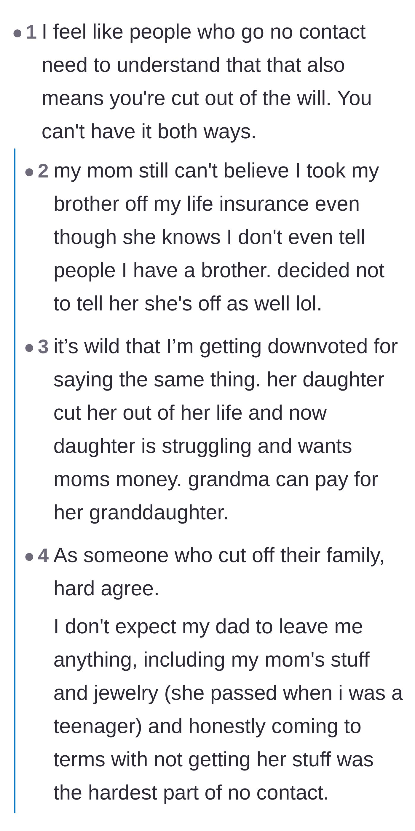 Comment thread 2 - A discussion on how demanding 'no contact' automatically revokes any right to life insurance or inheritances.