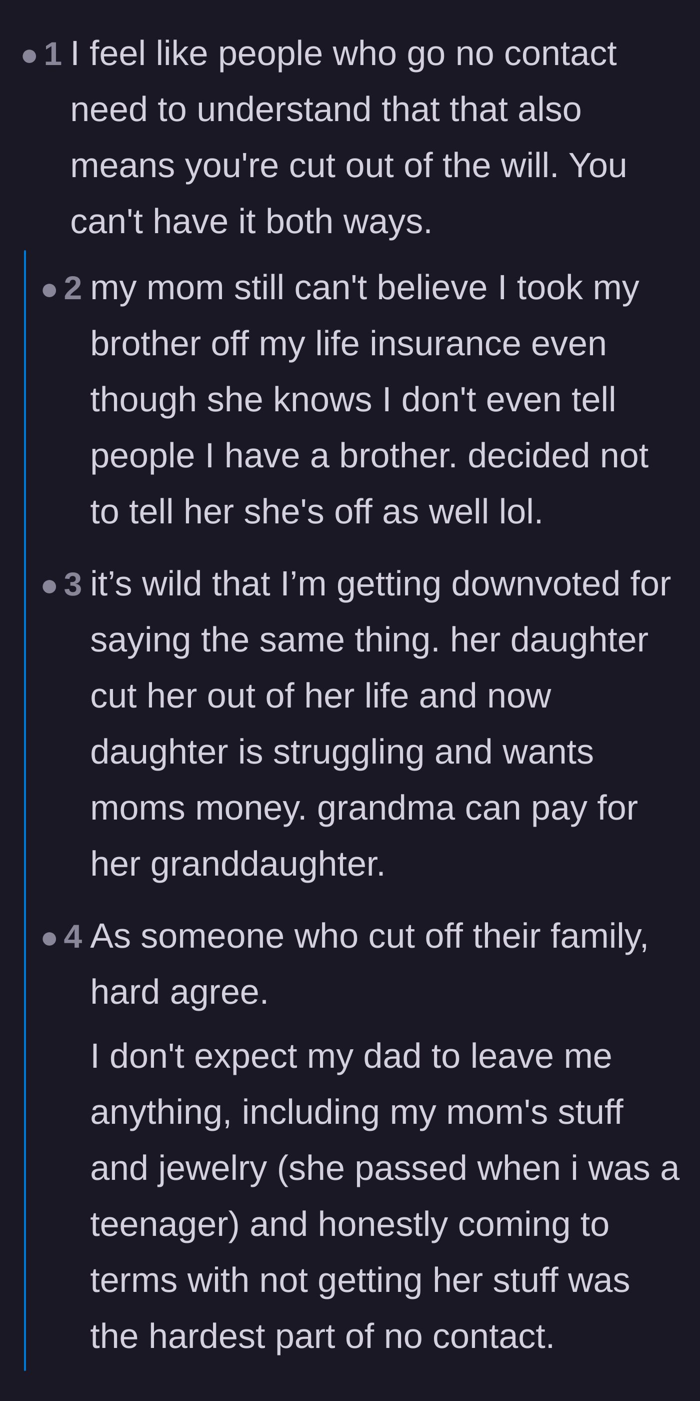 Comment thread 2 - A discussion on how demanding 'no contact' automatically revokes any right to life insurance or inheritances.