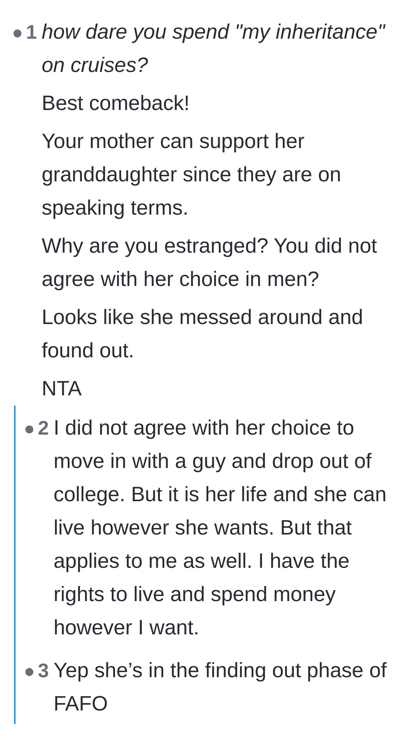 Comment thread 3 - Readers praise the mother's ruthless comeback to the grandmother and discuss the consequences of the daughter's choices.