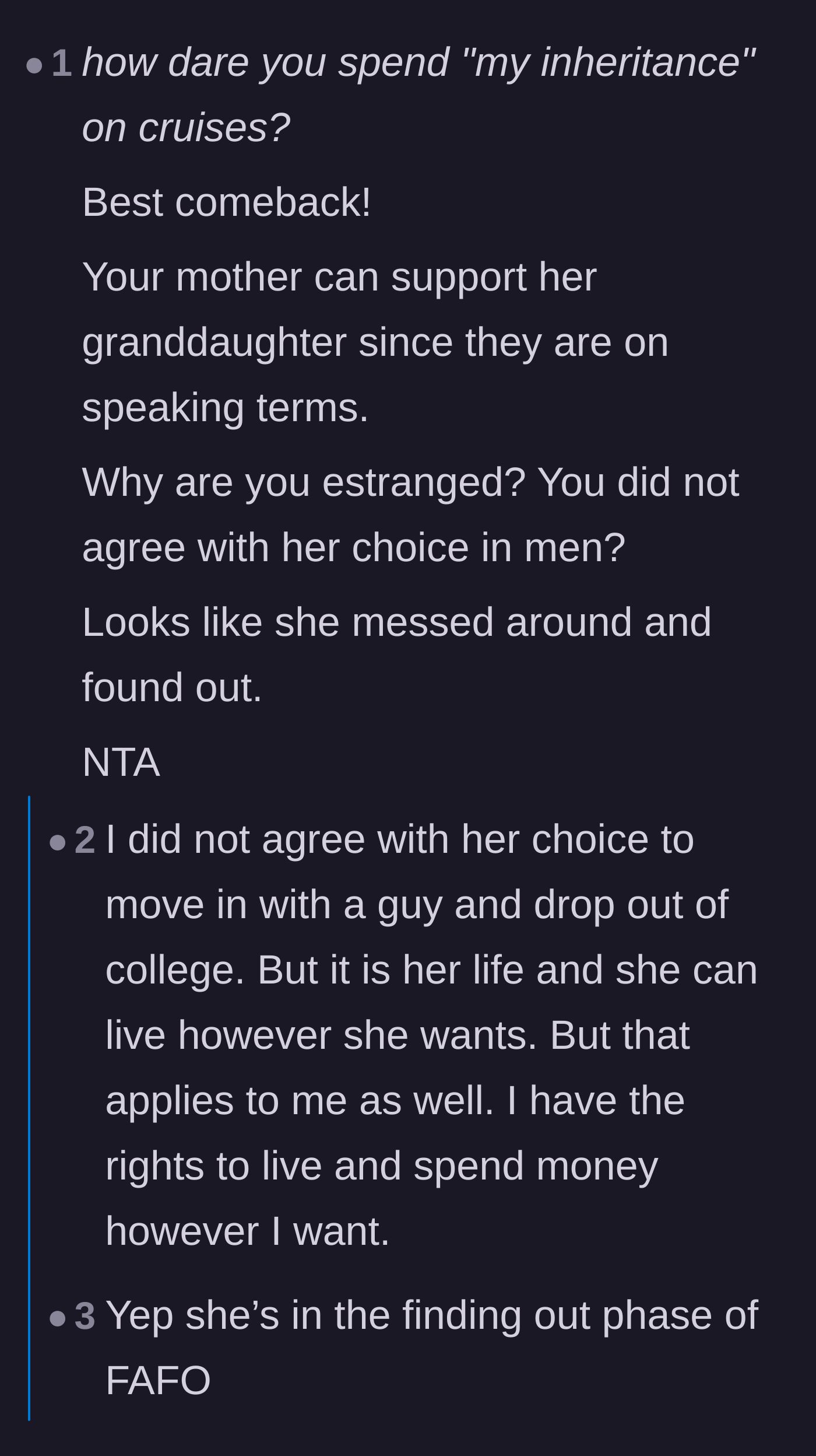 Comment thread 3 - Readers praise the mother's ruthless comeback to the grandmother and discuss the consequences of the daughter's choices.