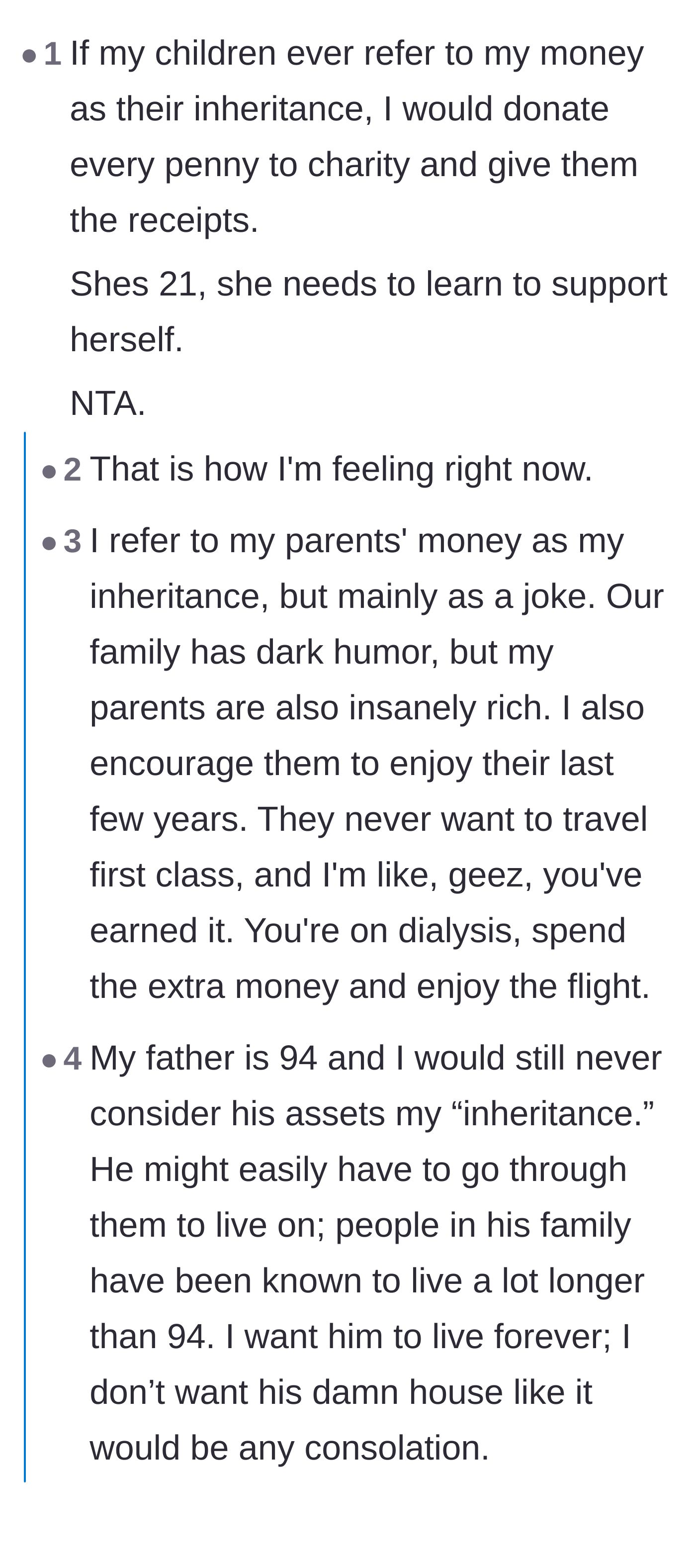 Comment thread 4 - Commenters share stories about encouraging their living parents to spend their wealth rather than hoard it.