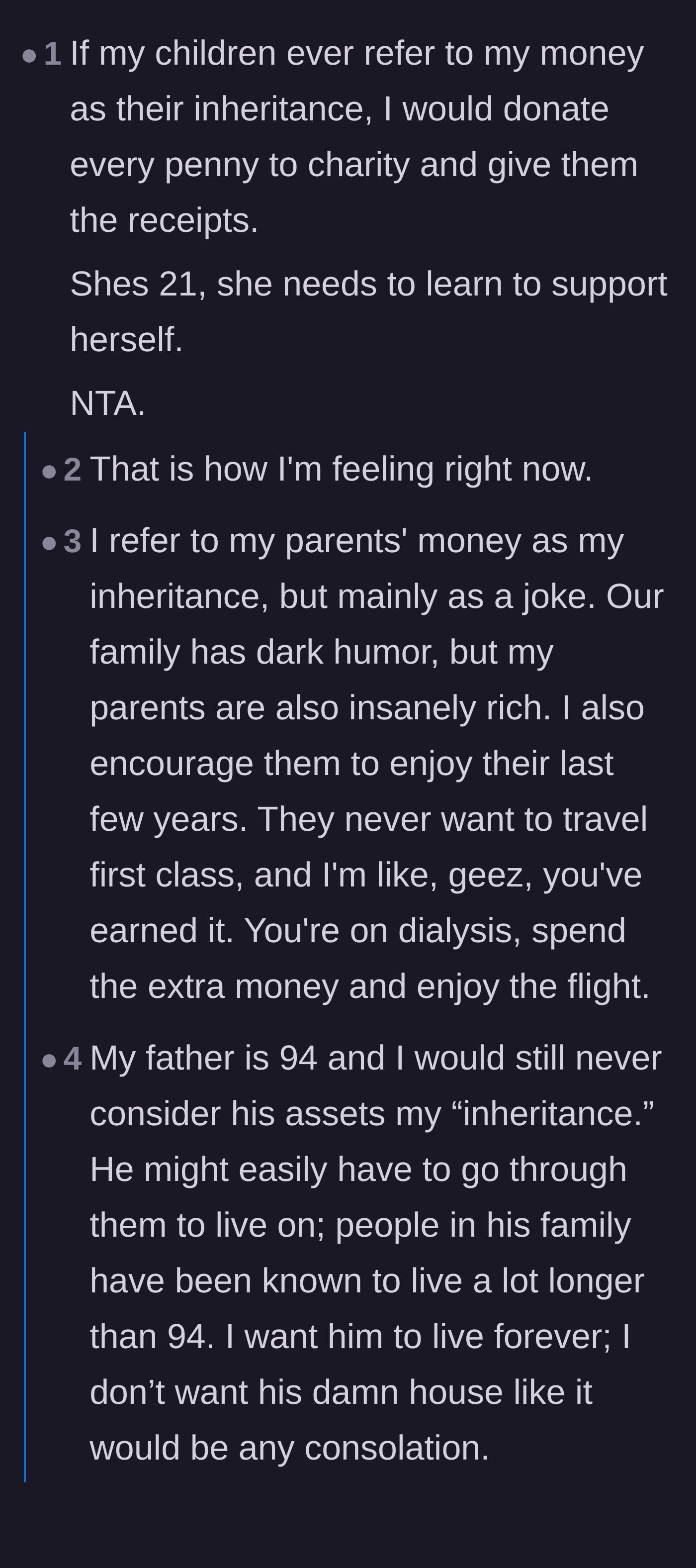 Comment thread 4 - Commenters share stories about encouraging their living parents to spend their wealth rather than hoard it.