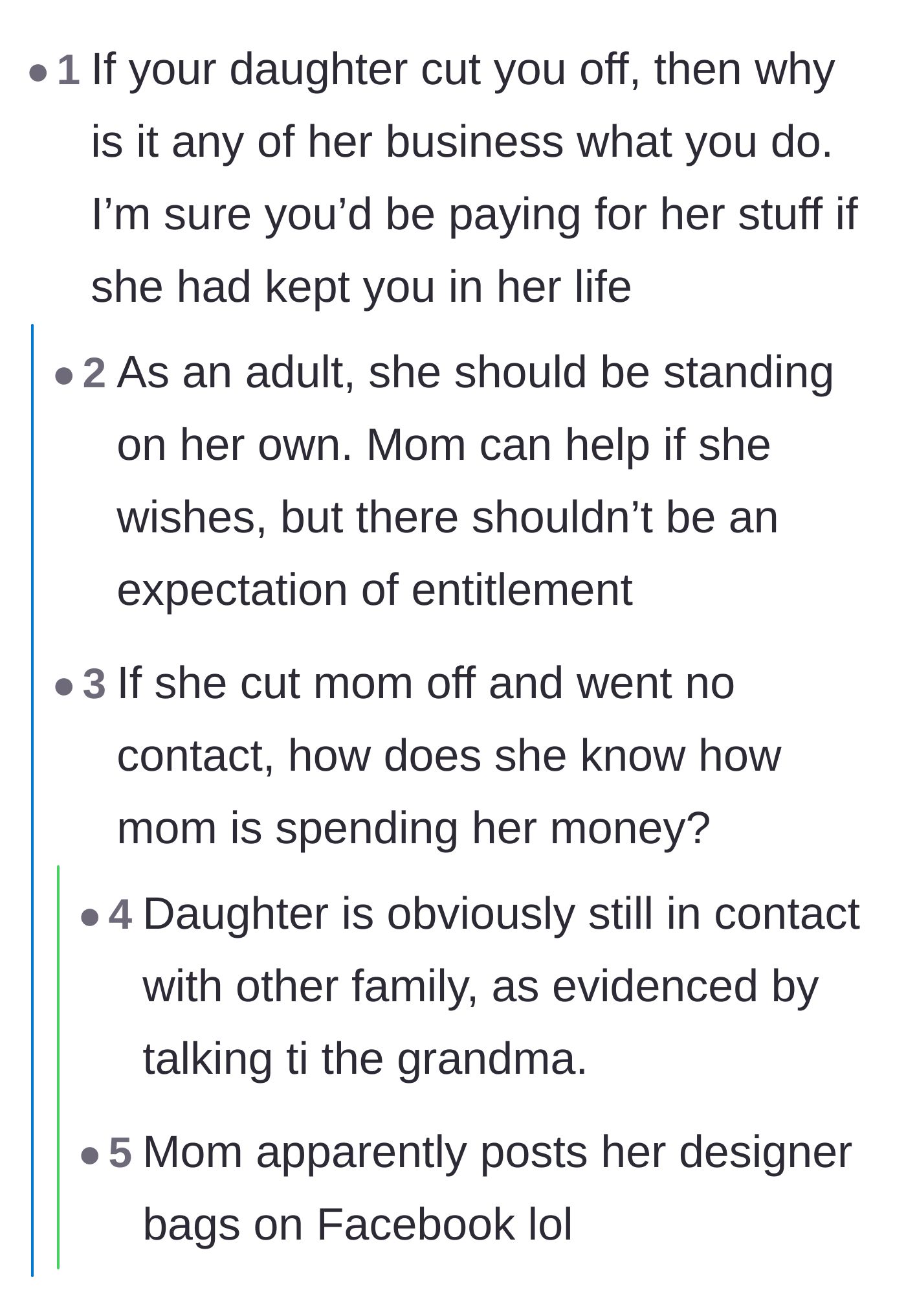 Comment thread 5 - Readers point out the irony of the estranged daughter monitoring her mother's Facebook to track her spending.