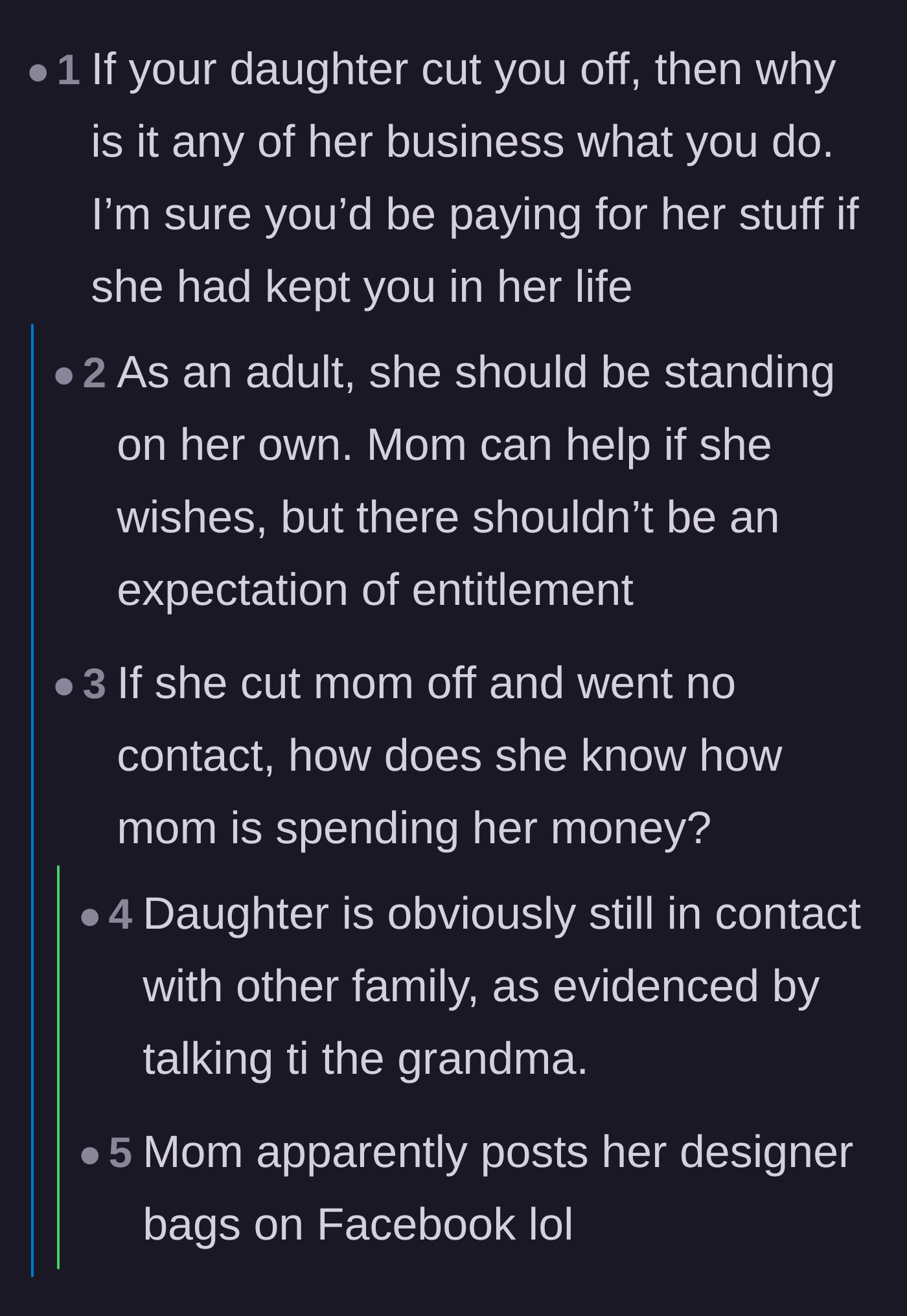 Comment thread 5 - Readers point out the irony of the estranged daughter monitoring her mother's Facebook to track her spending.
