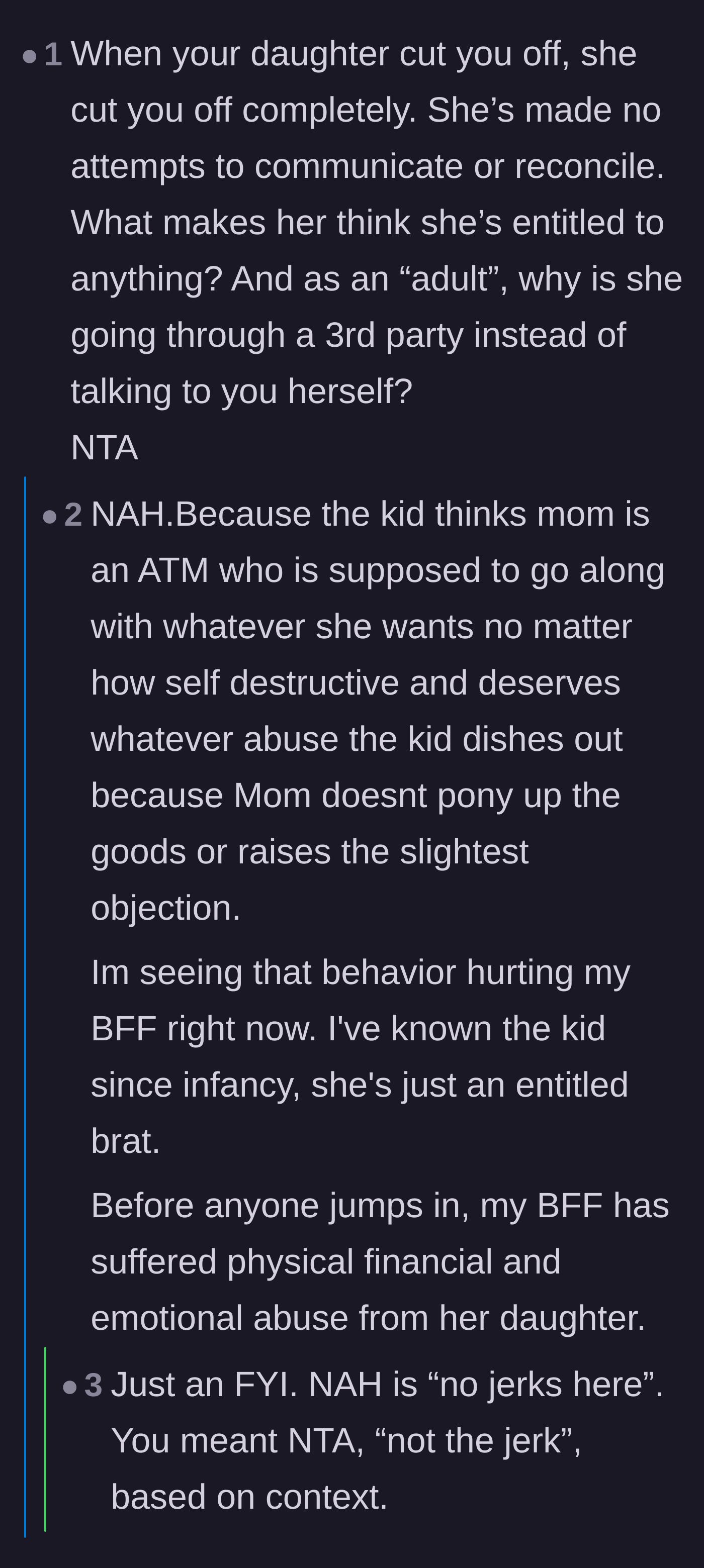 Comment thread 6 - A critique of the daughter using her grandmother to demand money instead of speaking to her mother directly.