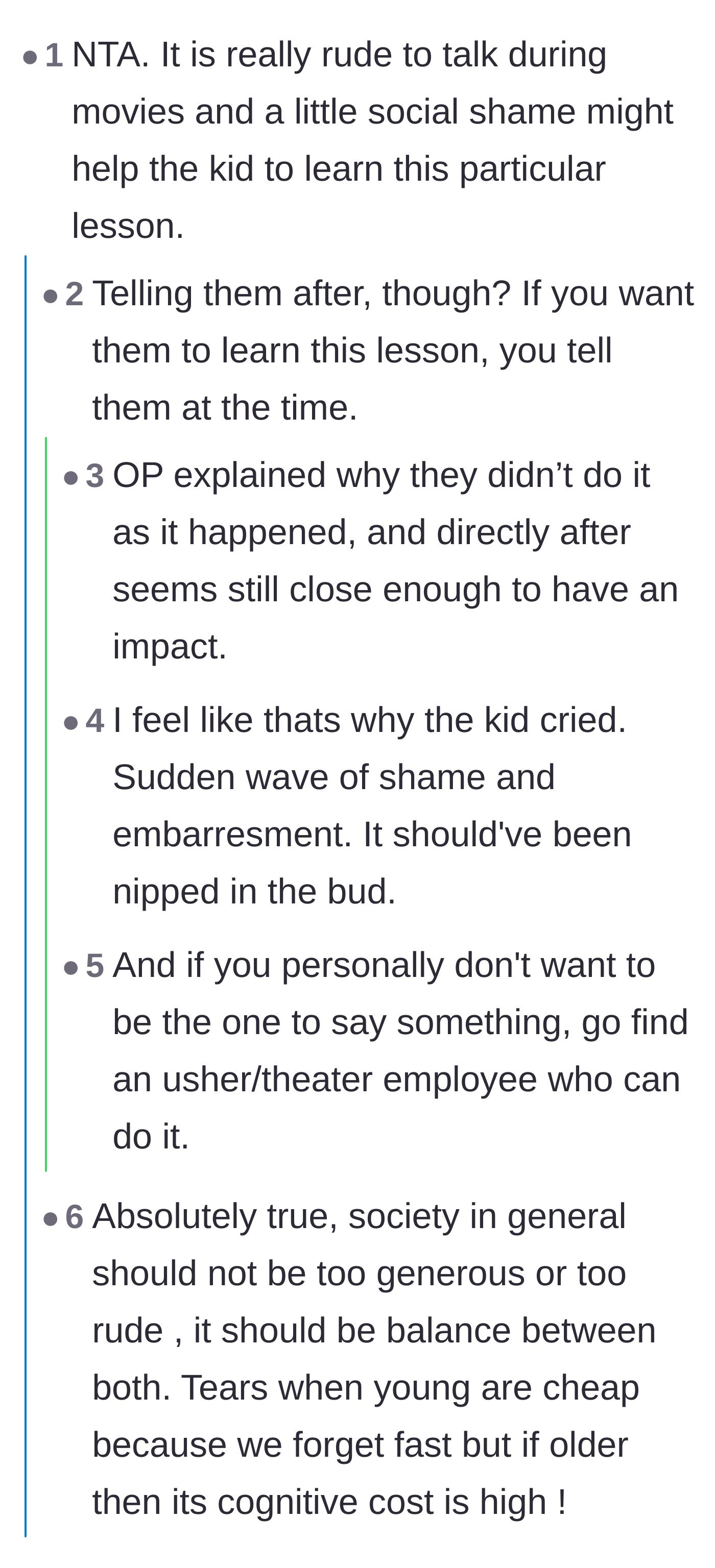 Comment thread 1 - Debate on using social shame to teach kids a lesson and whether it should have happened during the movie.