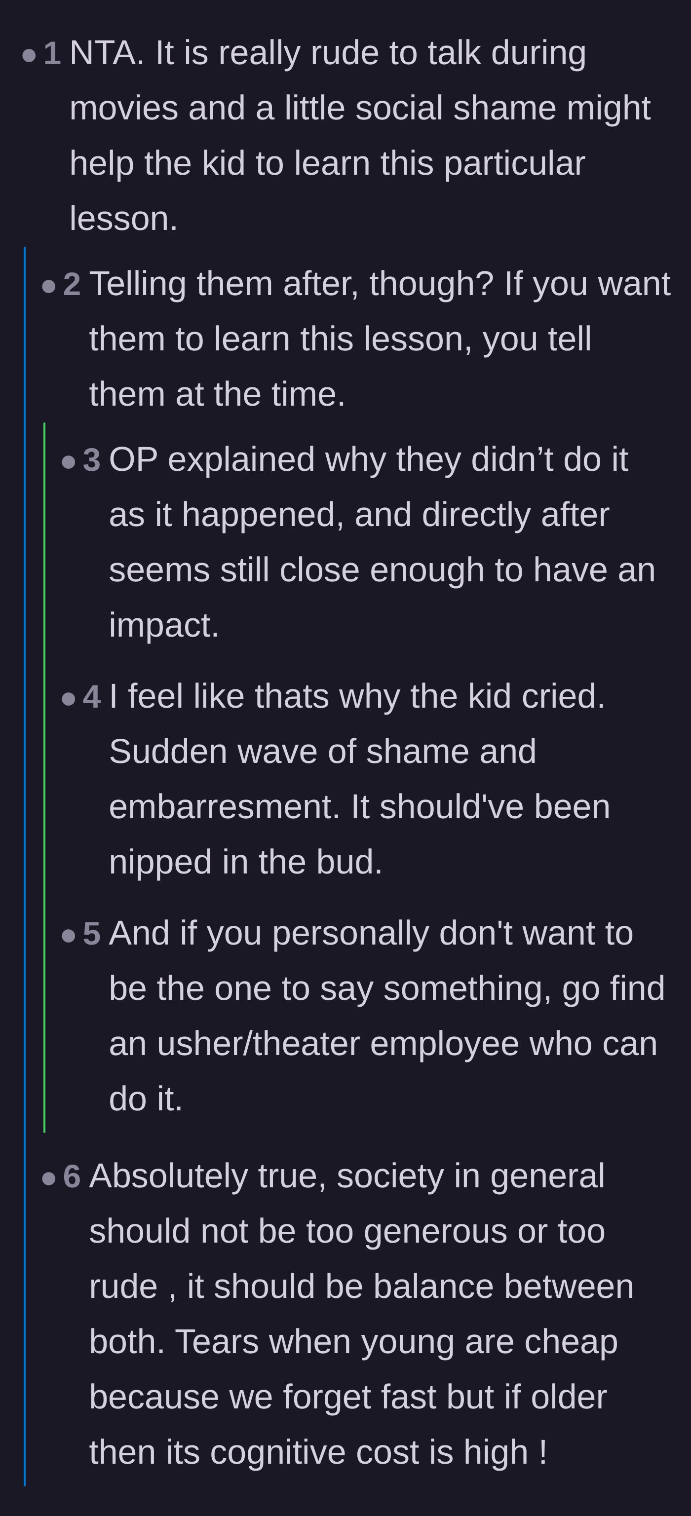 Comment thread 1 - Debate on using social shame to teach kids a lesson and whether it should have happened during the movie.