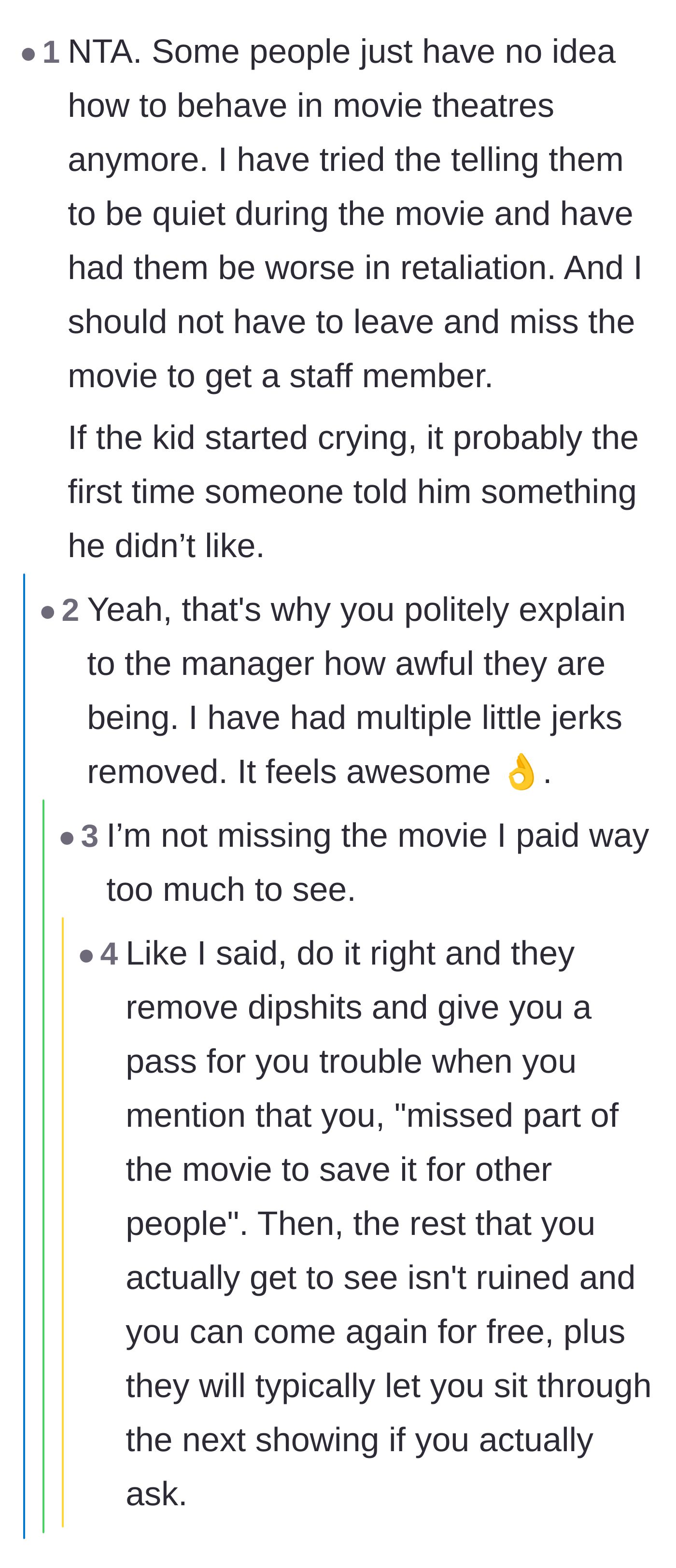 Comment thread 2 - Discussion on modern theater etiquette and the perks of getting a manager to kick out disruptive kids.