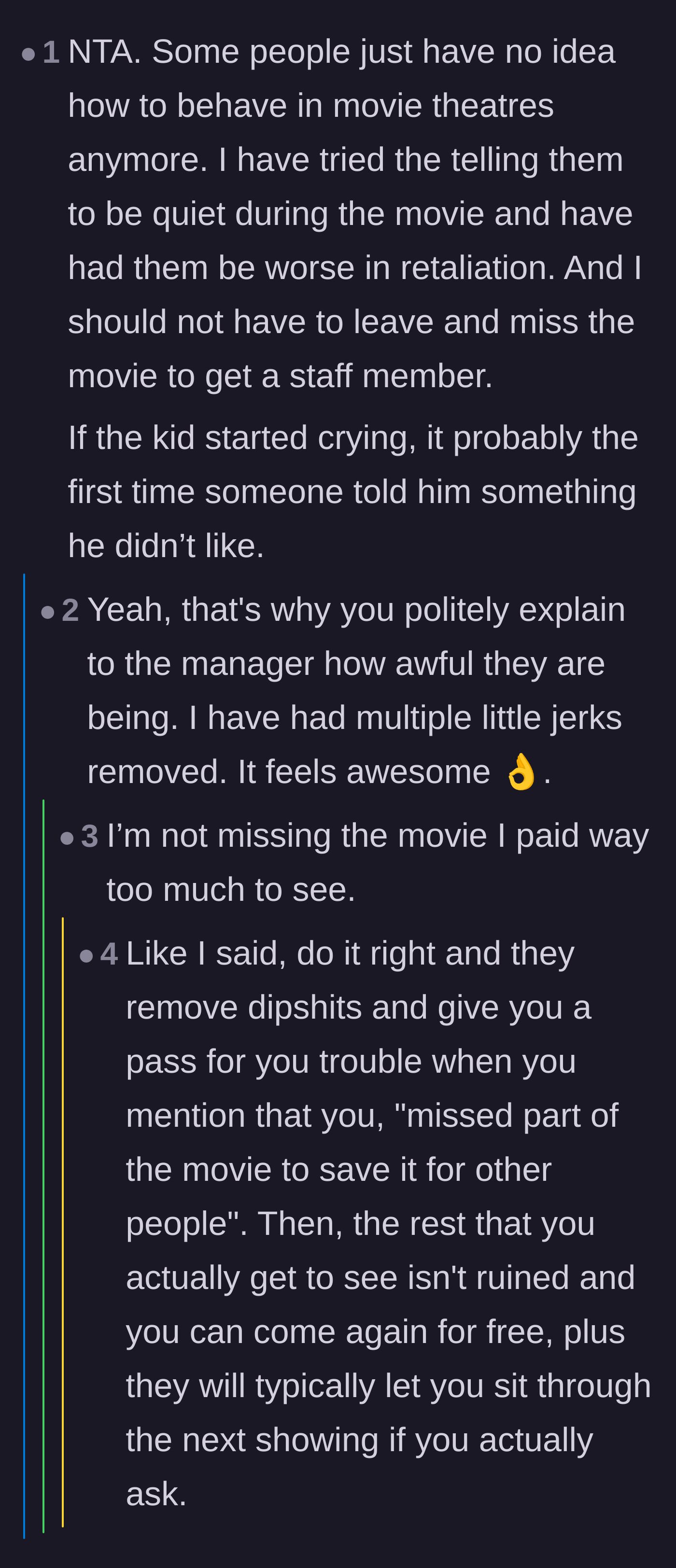 Comment thread 2 - Discussion on modern theater etiquette and the perks of getting a manager to kick out disruptive kids.