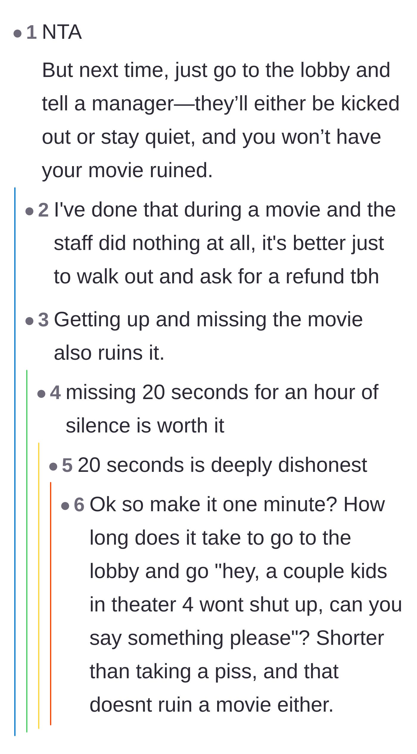 Comment thread 6 - Arguments over whether leaving your seat to complain to staff actually ruins the movie experience.