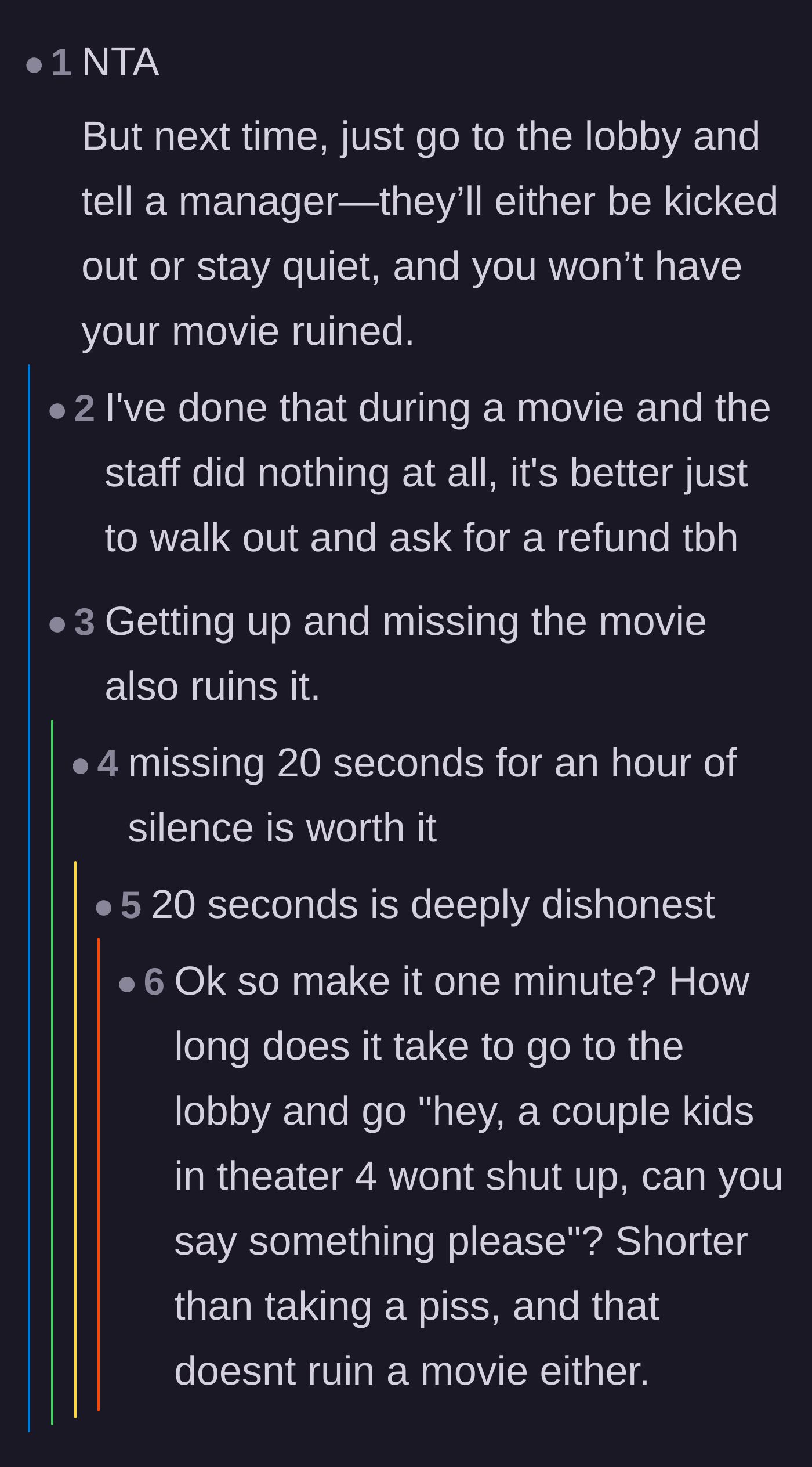 Comment thread 6 - Arguments over whether leaving your seat to complain to staff actually ruins the movie experience.