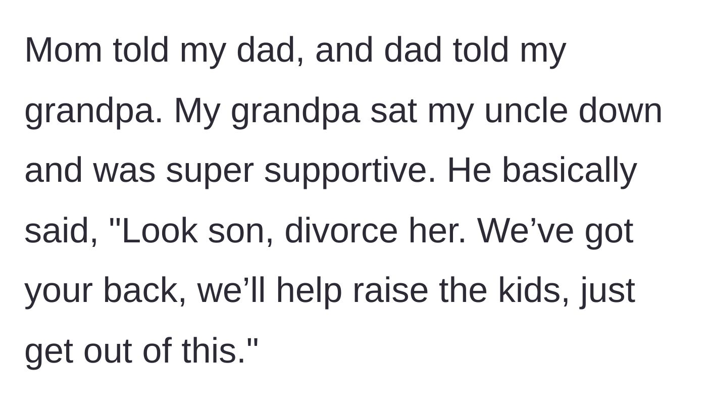 Story part 2 - The grandfather sits the uncle down, offering unwavering family support and encouraging him to divorce his cheating wife.