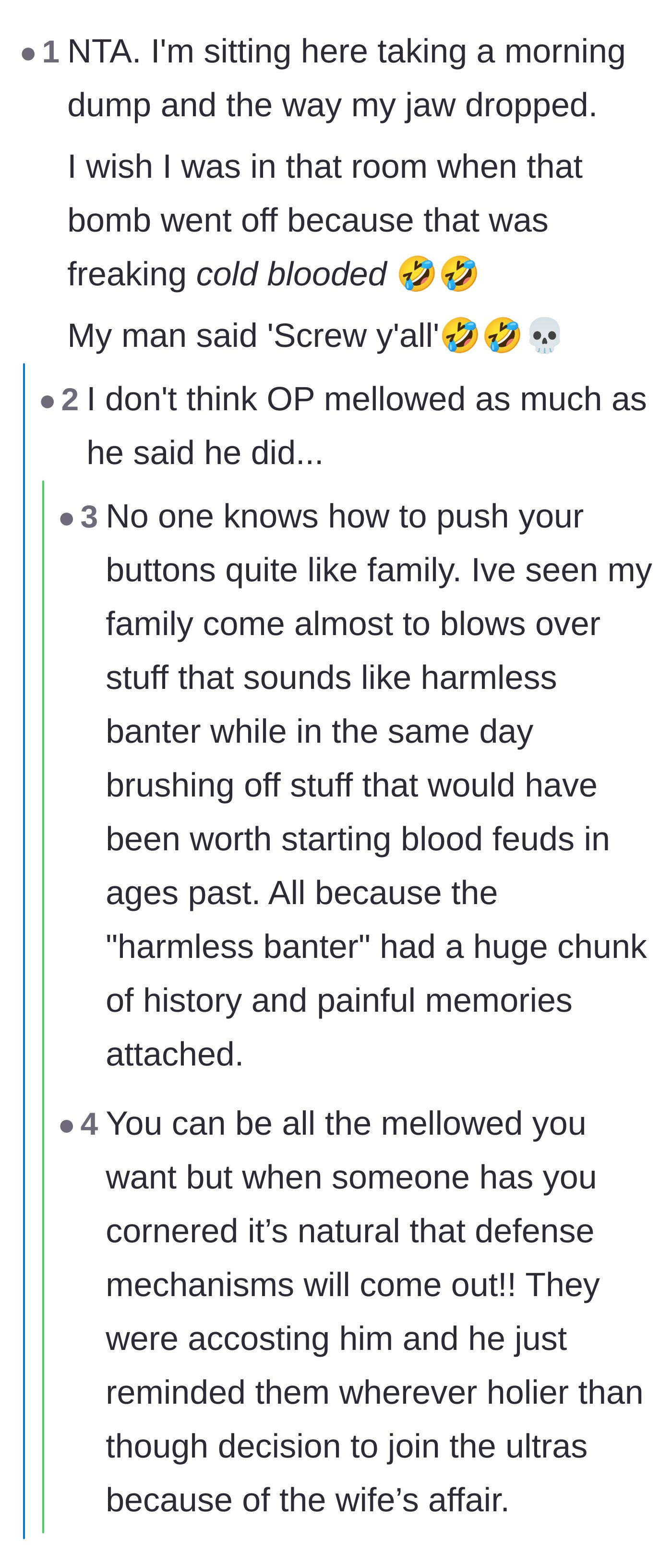 Comment thread 2 - Readers reacting with shock and humor to the explosive comeback, discussing how family uniquely triggers old defense mechanisms.