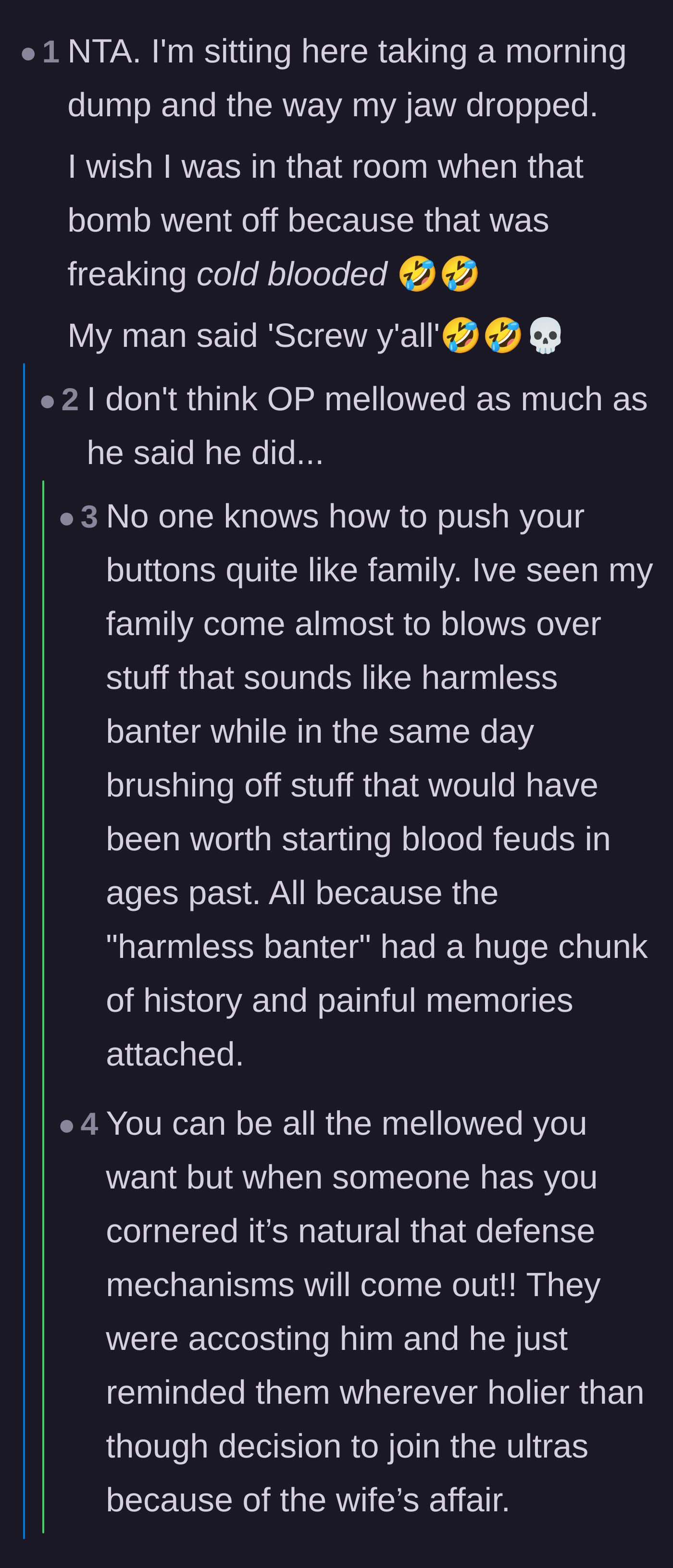 Comment thread 2 - Readers reacting with shock and humor to the explosive comeback, discussing how family uniquely triggers old defense mechanisms.