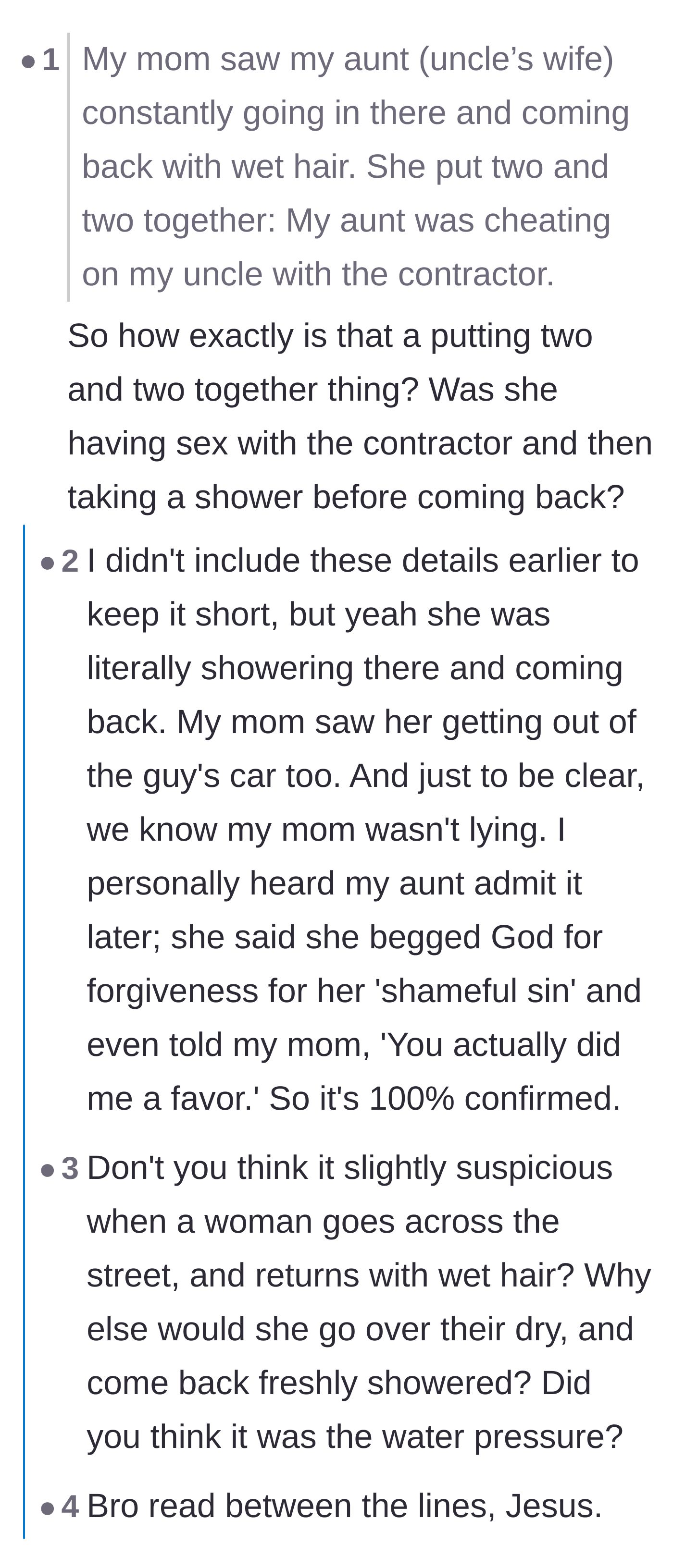 Comment thread 5 - A debate clarifying the logistical details of the aunt's affair and the undeniable proof of her betrayal.