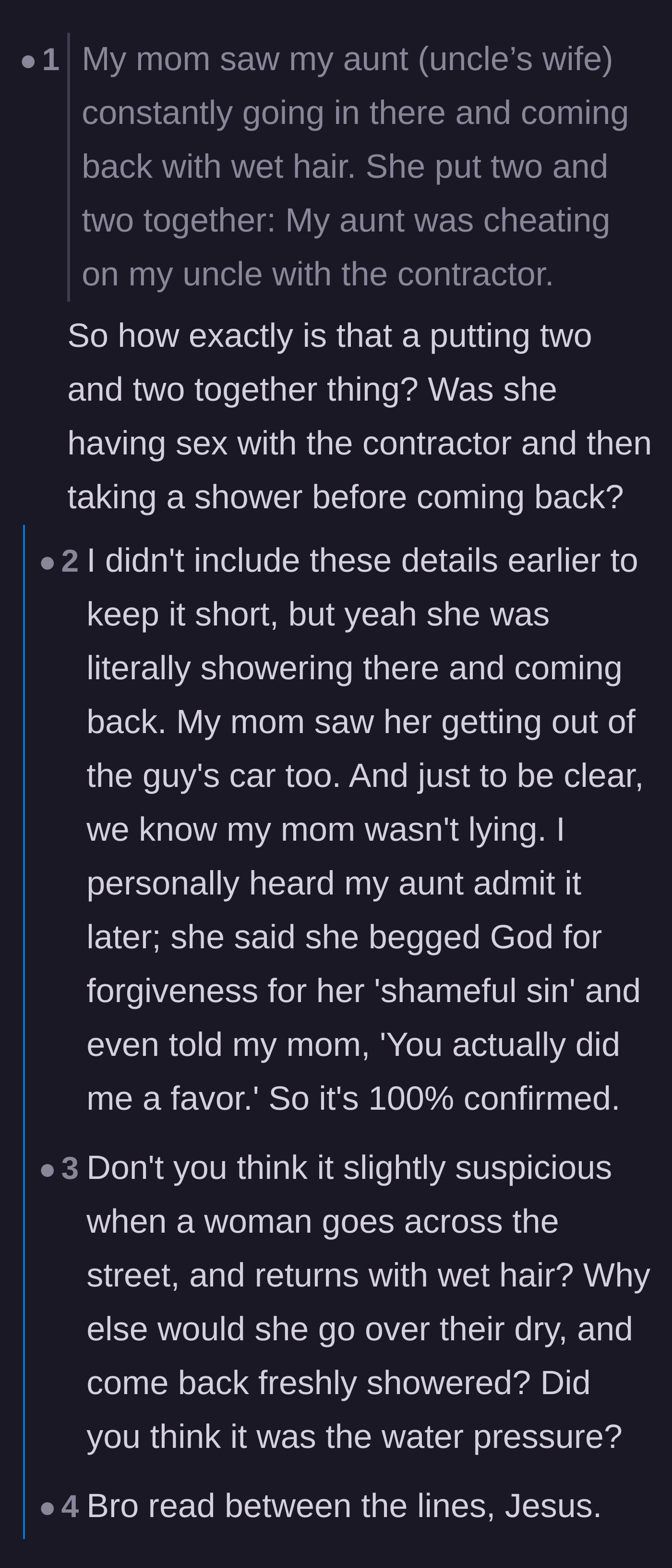 Comment thread 5 - A debate clarifying the logistical details of the aunt's affair and the undeniable proof of her betrayal.