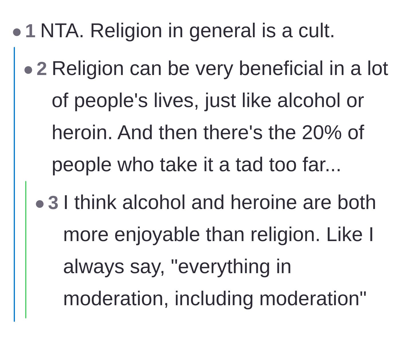 Comment thread 6 - A cynical debate comparing the extremes of organized belief to addiction and destructive dynamics.