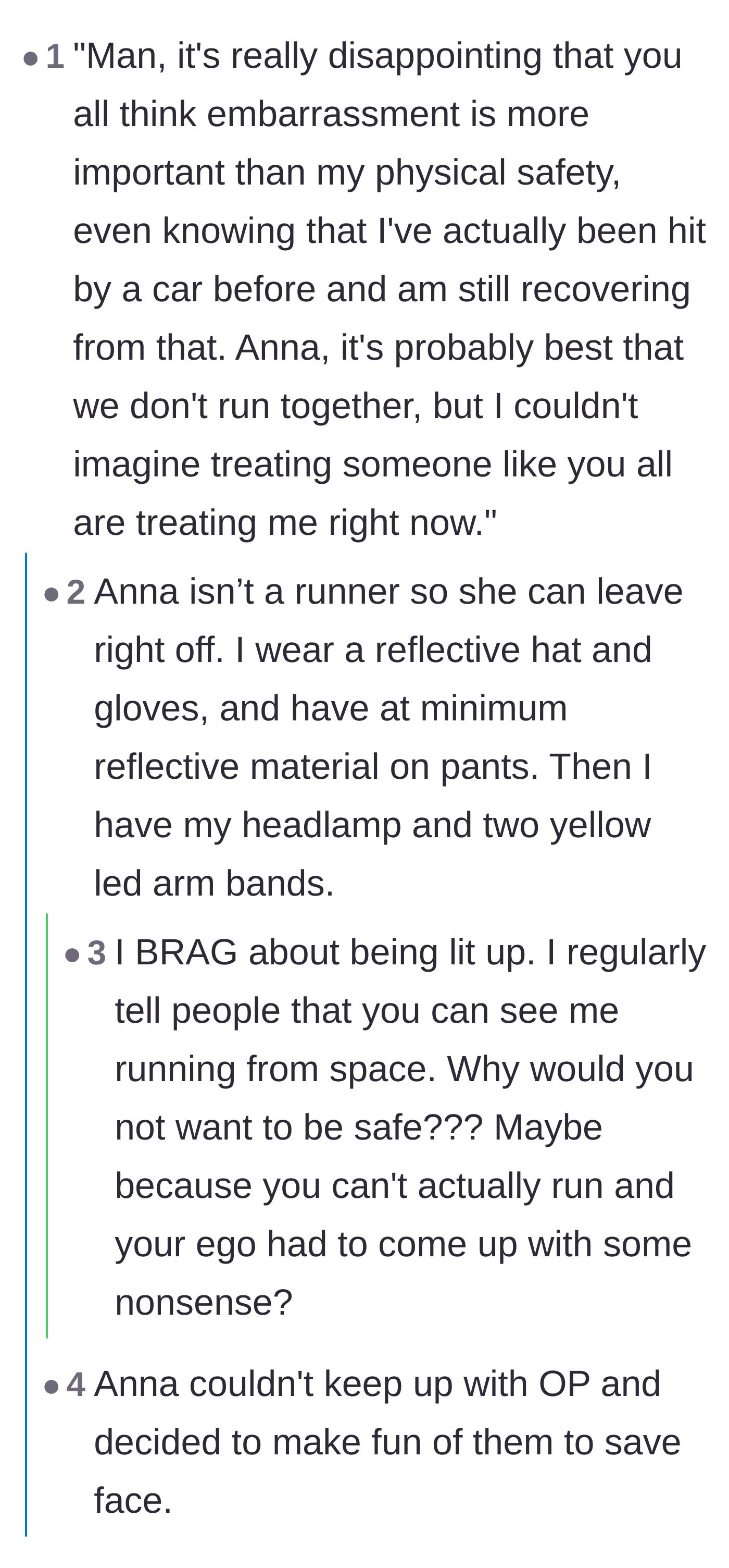 Comment thread 1 - Runners and drivers overwhelmingly supporting high-visibility gear for nighttime safety and sharing near-miss stories.