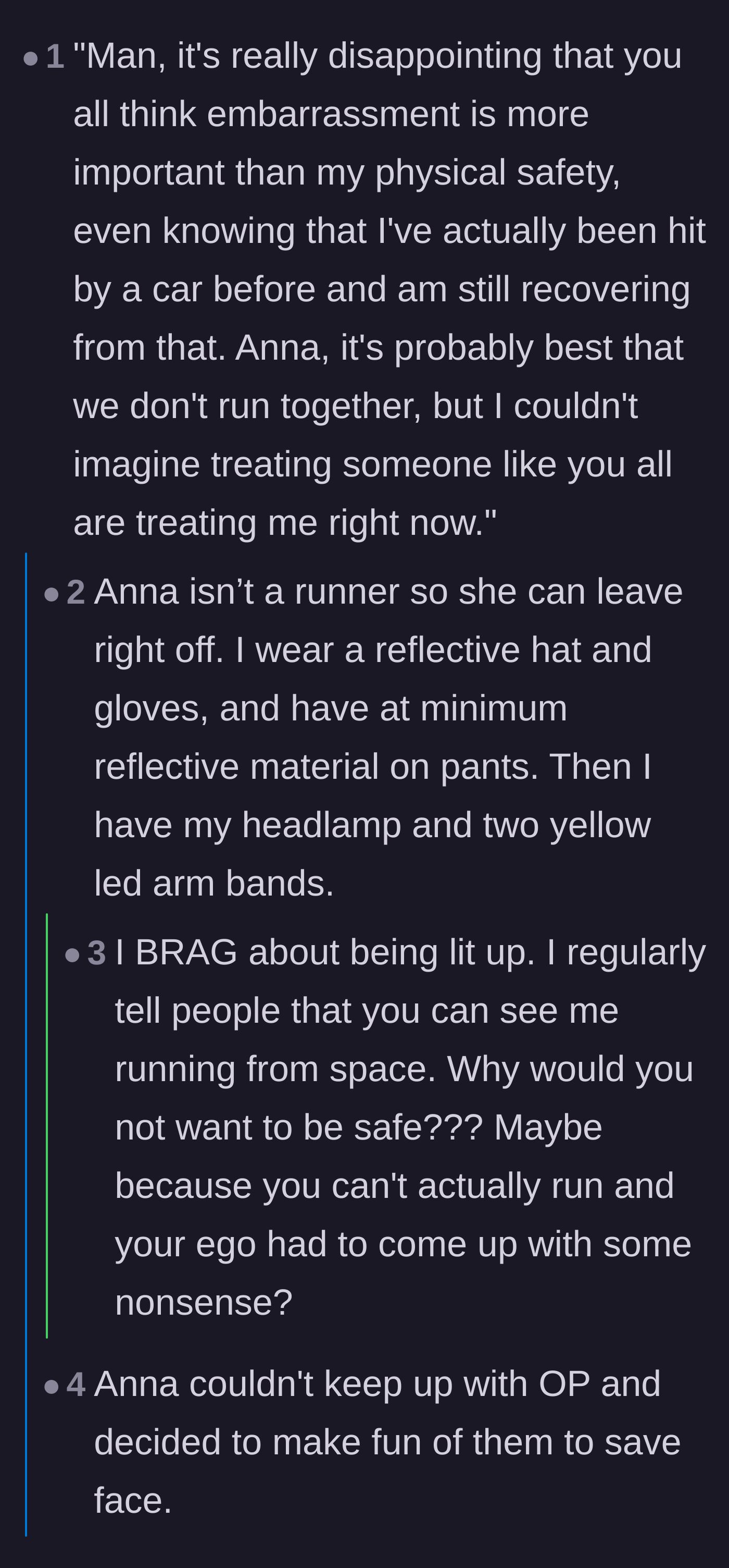 Comment thread 1 - Runners and drivers overwhelmingly supporting high-visibility gear for nighttime safety and sharing near-miss stories.