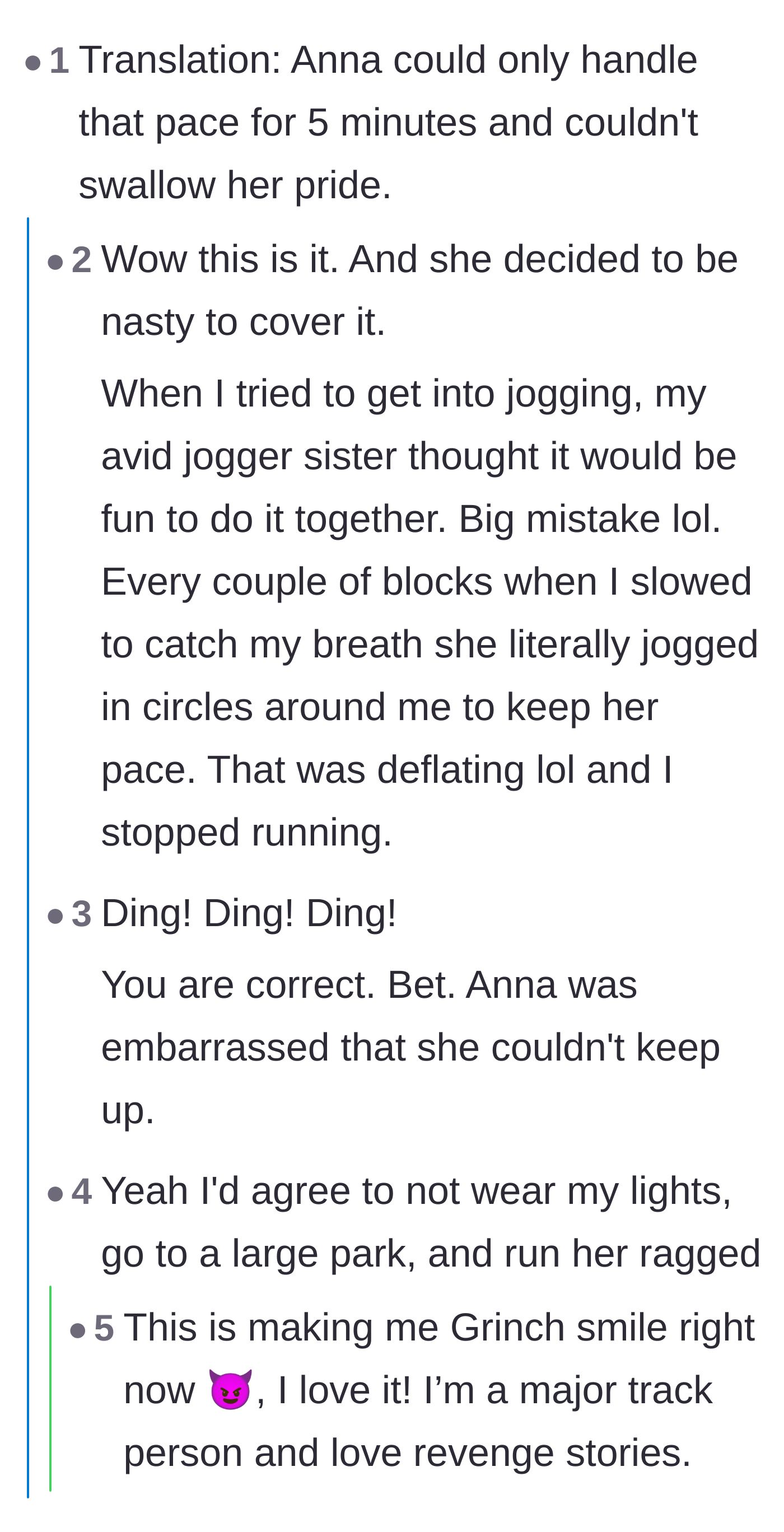 Comment thread 2 - Readers theorizing that the coworker quit early because she was out of breath, not embarrassed by the lights.
