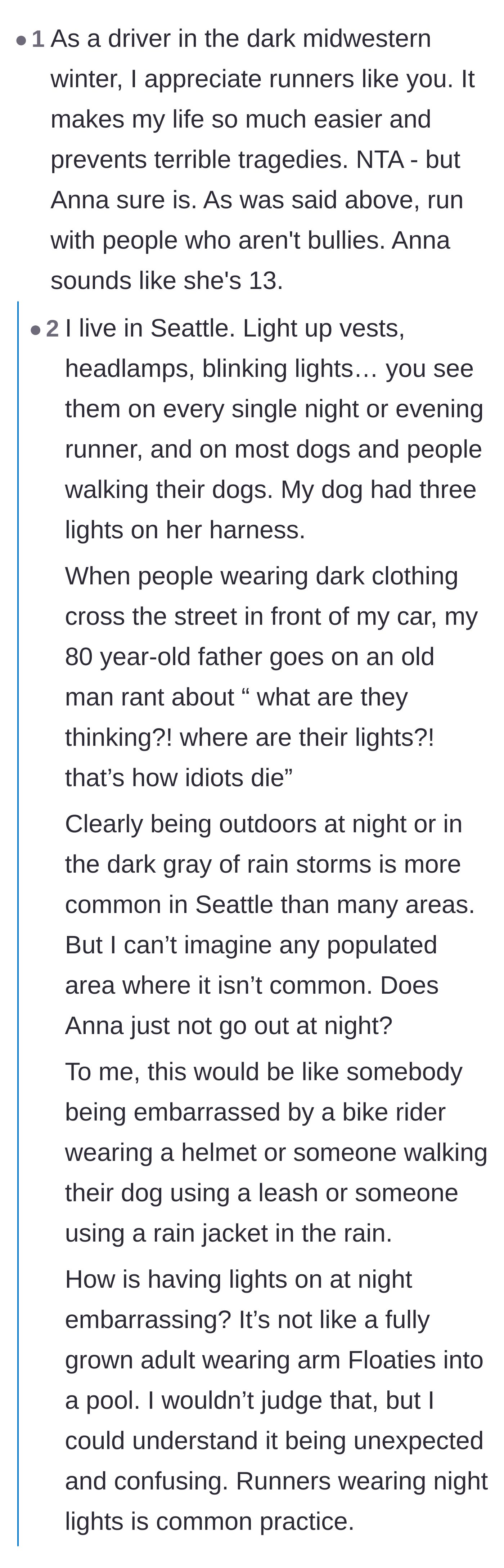 Comment thread 3 - Commuters sharing anecdotes about how standard and necessary reflective gear is in dark or rainy regions.