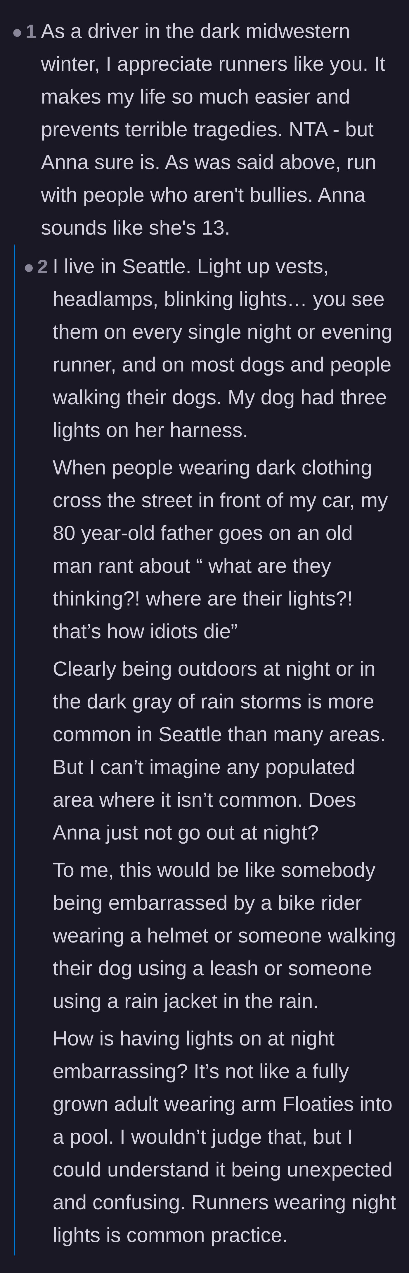 Comment thread 3 - Commuters sharing anecdotes about how standard and necessary reflective gear is in dark or rainy regions.