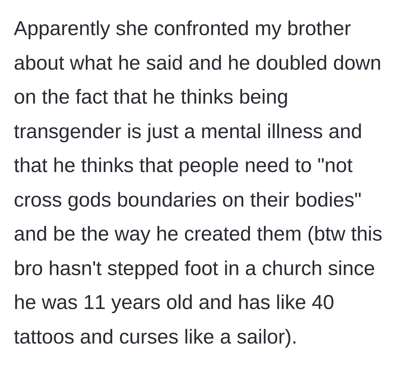 Story part 7 - The fiancée confronts the groom, who doubles down on transphobic, hypocritical religious excuses despite his lifestyle.