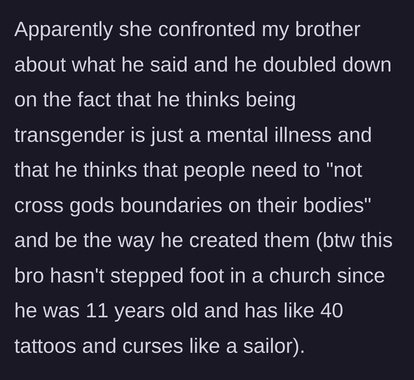 Story part 7 - The fiancée confronts the groom, who doubles down on transphobic, hypocritical religious excuses despite his lifestyle.