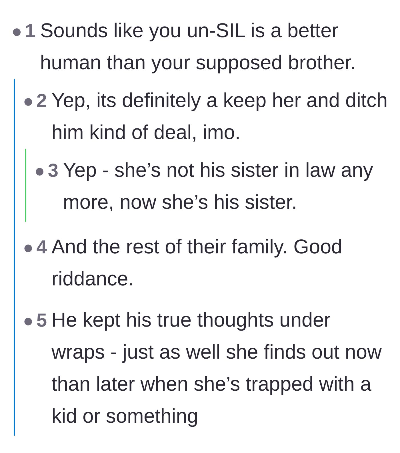 Comment thread 1 - Readers agree that the ex-fiancée is family now and the bigoted brother should be left behind.