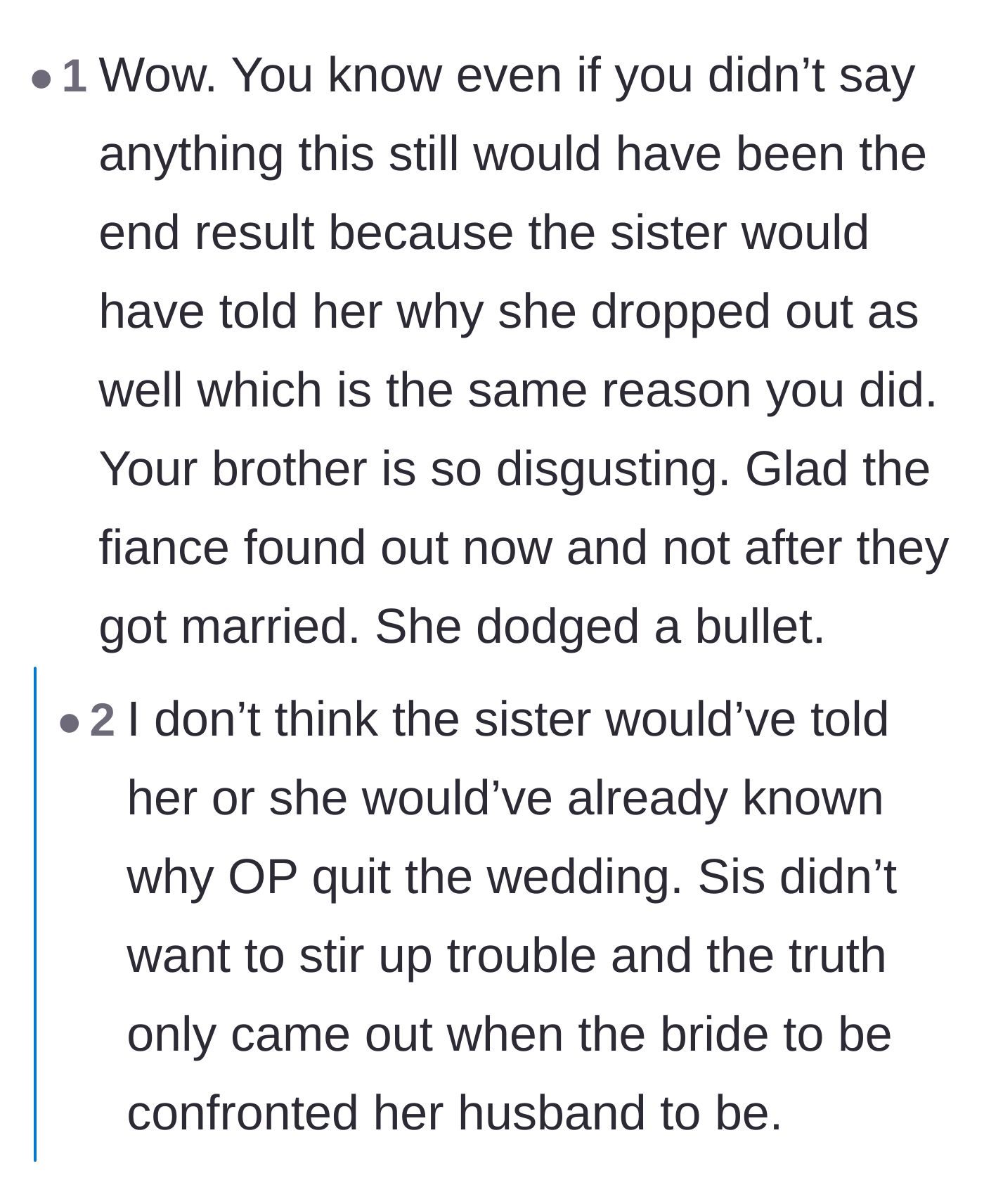 Comment thread 3 - Discussion on how the fiancée would have discovered the truth eventually because of her twin sister's absence.