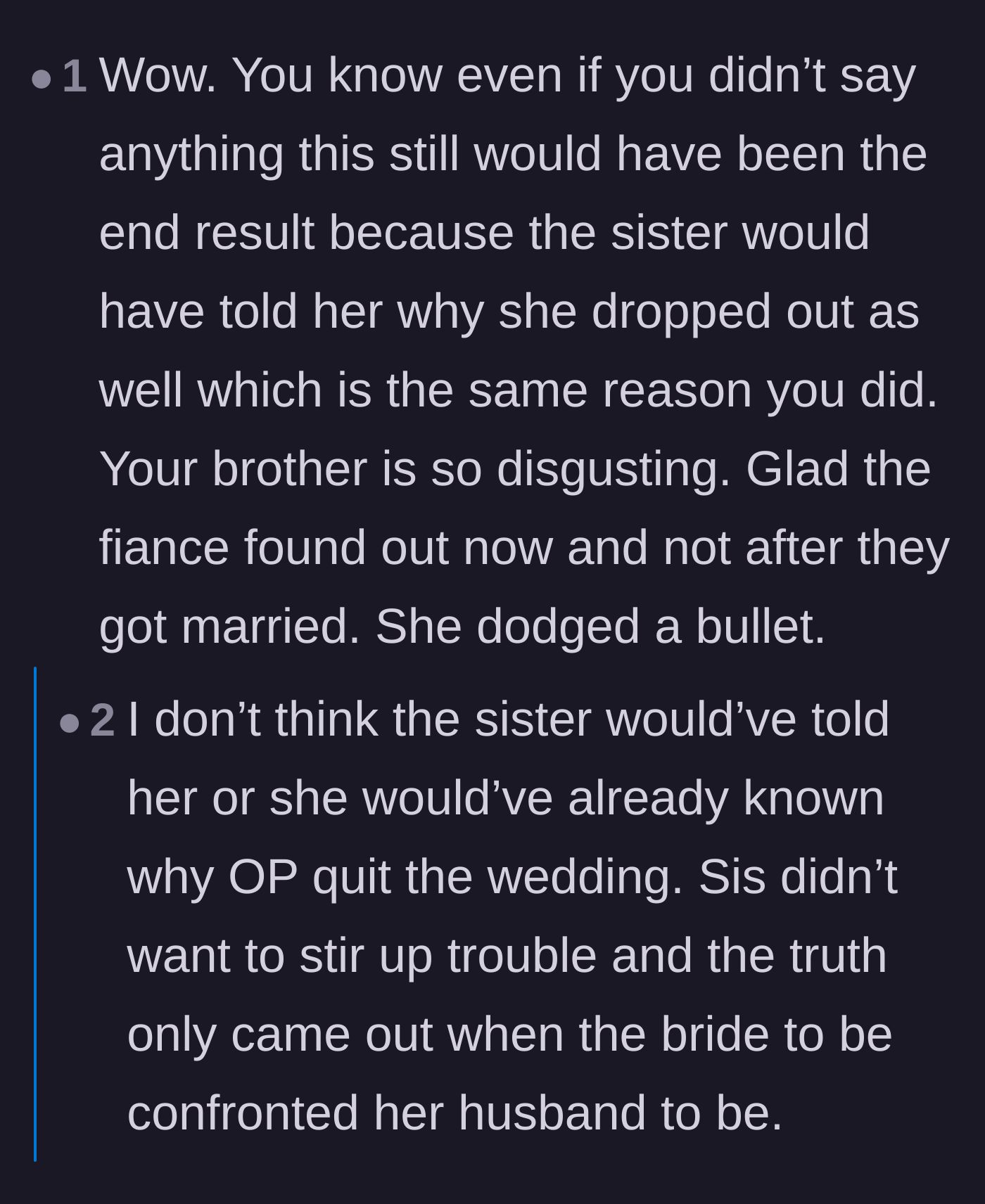 Comment thread 3 - Discussion on how the fiancée would have discovered the truth eventually because of her twin sister's absence.