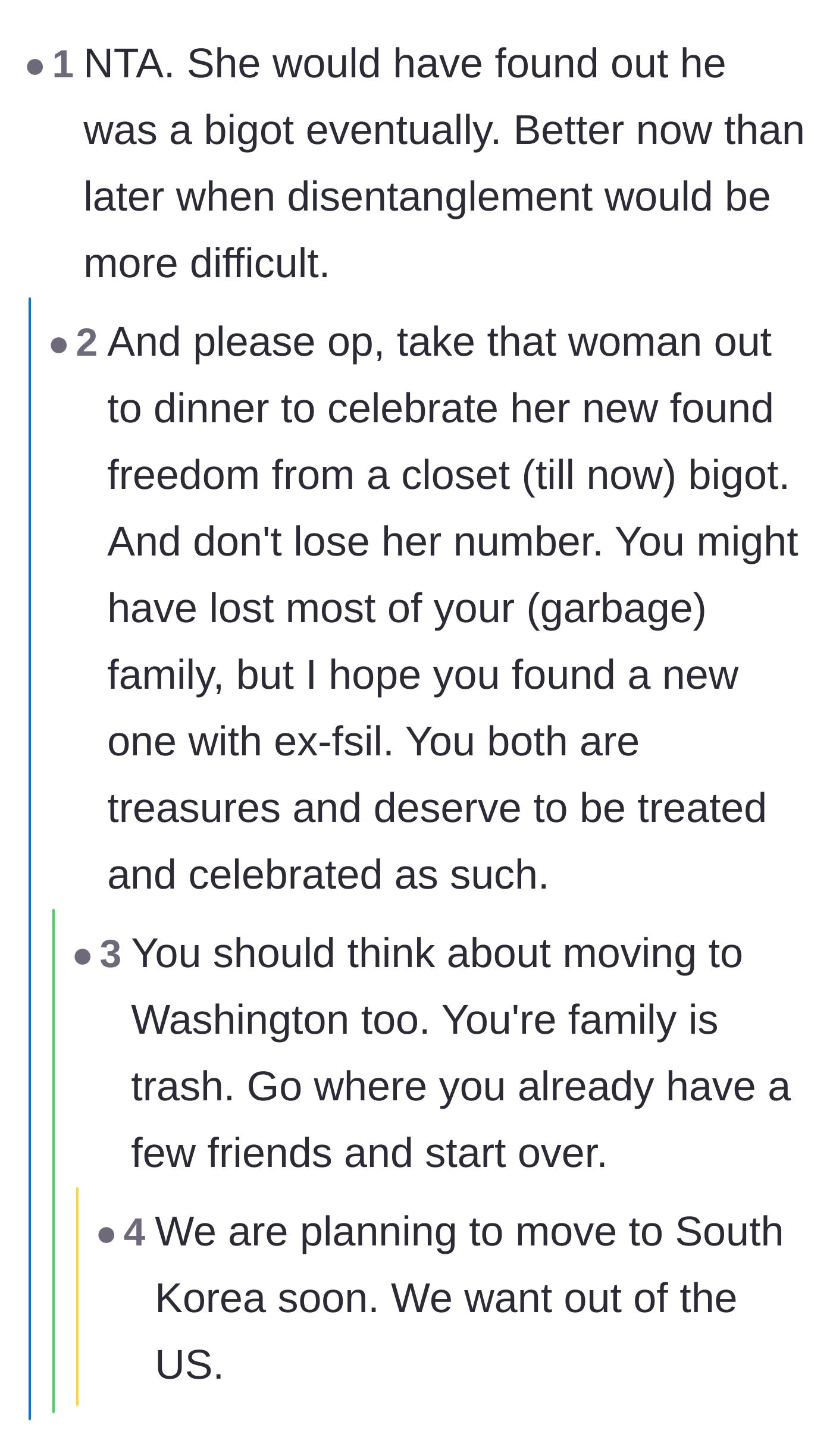 Comment thread 4 - Advice to celebrate the ex-fiancée's freedom, with a surprise reveal from the main character about moving out of the country.