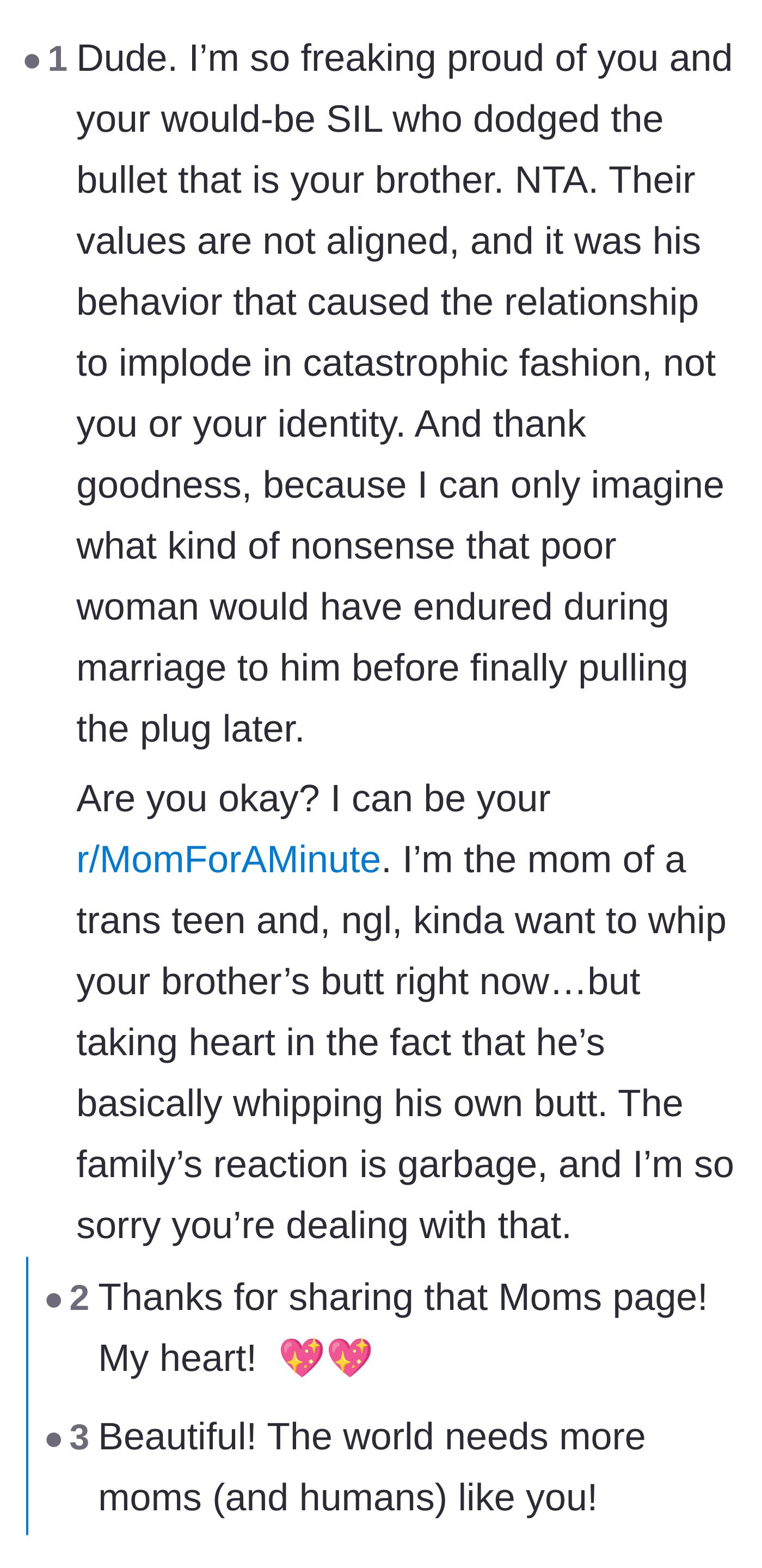 Comment thread 5 - A mother of a trans teen offers fierce support and volunteers to be a stand-in mom for the main character.