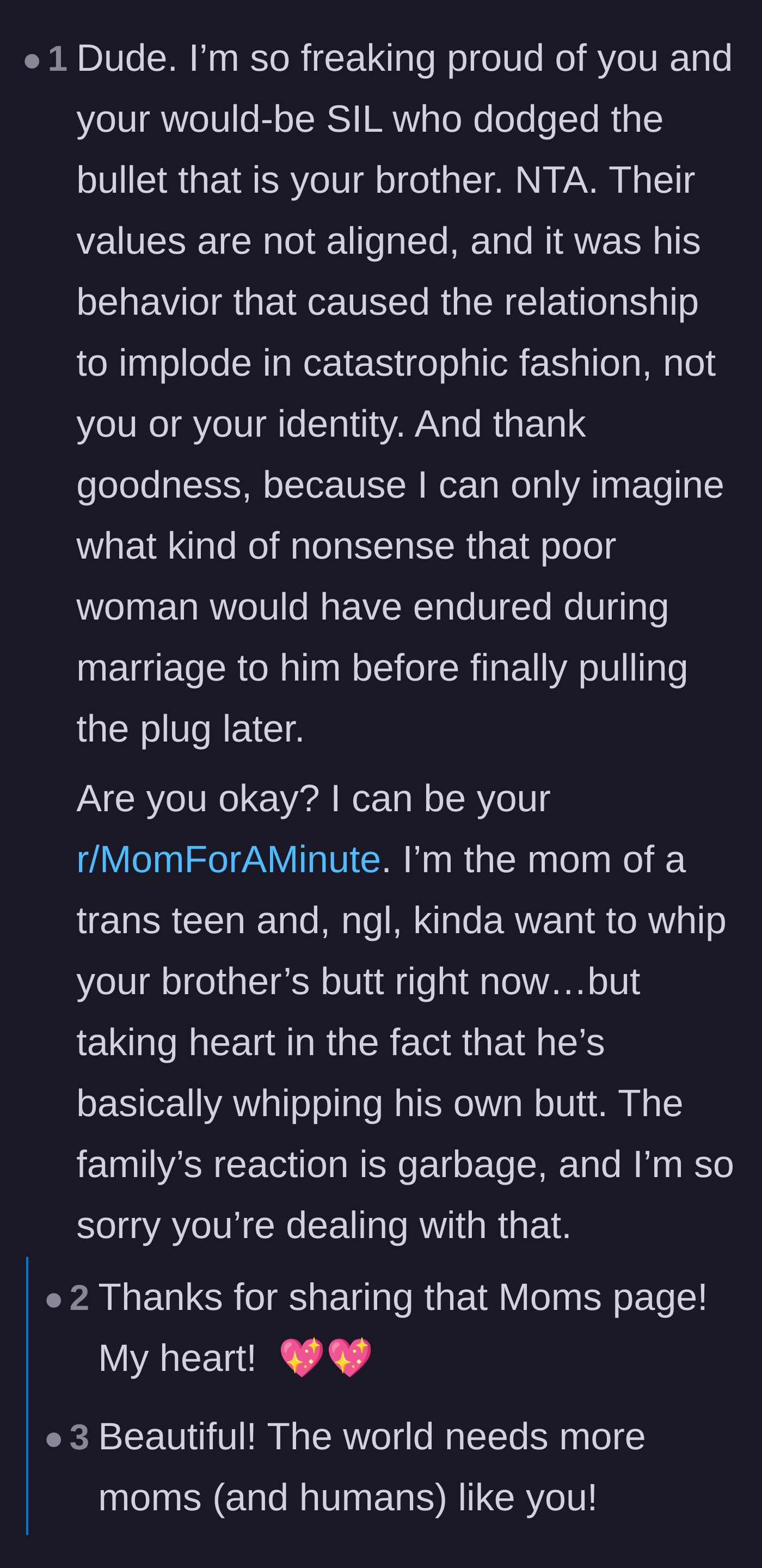 Comment thread 5 - A mother of a trans teen offers fierce support and volunteers to be a stand-in mom for the main character.