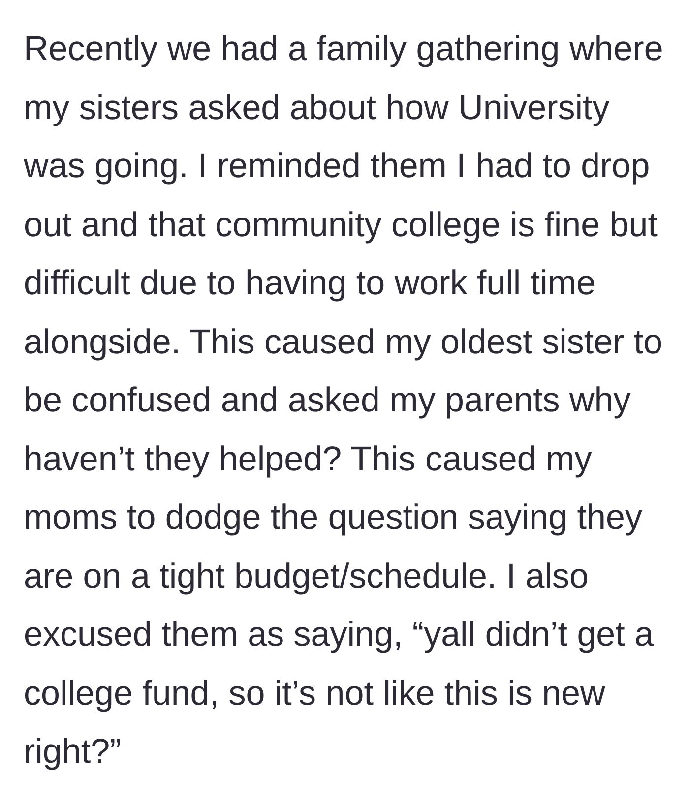 Story part 4 - The family gathering where the sisters ask about university and the parents dodge the questions.