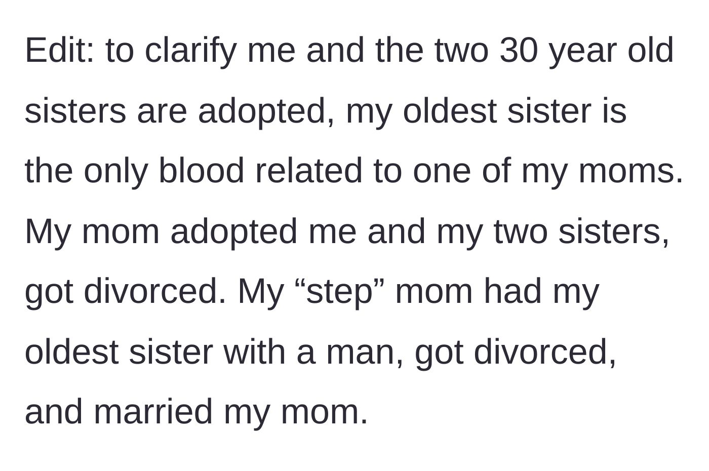 Story part 8 - The edit clarifying the complex blended family and adoption dynamics.