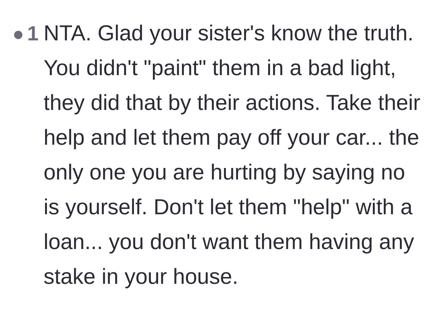 Comment thread 2 - A user advises accepting the car payoff but declining the house loan to maintain independence from the parents.