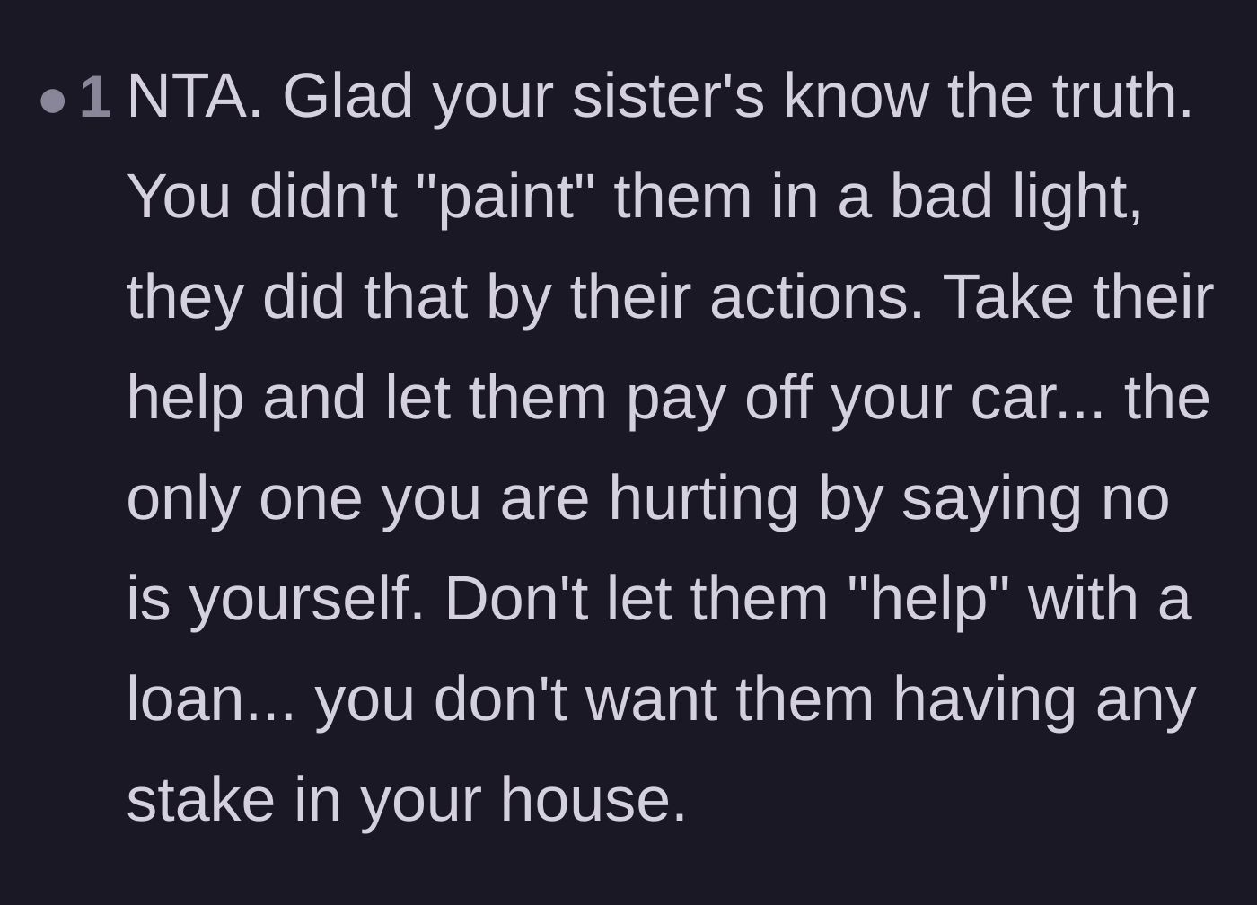 Comment thread 2 - A user advises accepting the car payoff but declining the house loan to maintain independence from the parents.