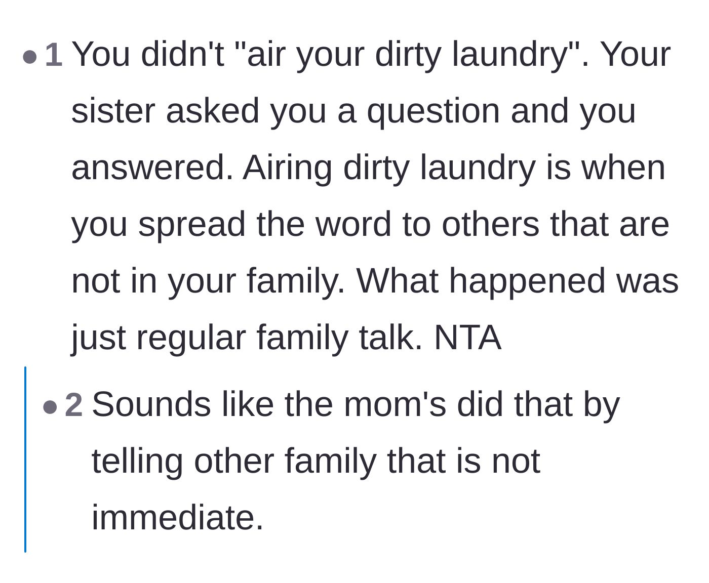 Comment thread 4 - A reader clarifies that answering a sibling's direct question is not the same thing as airing dirty laundry.