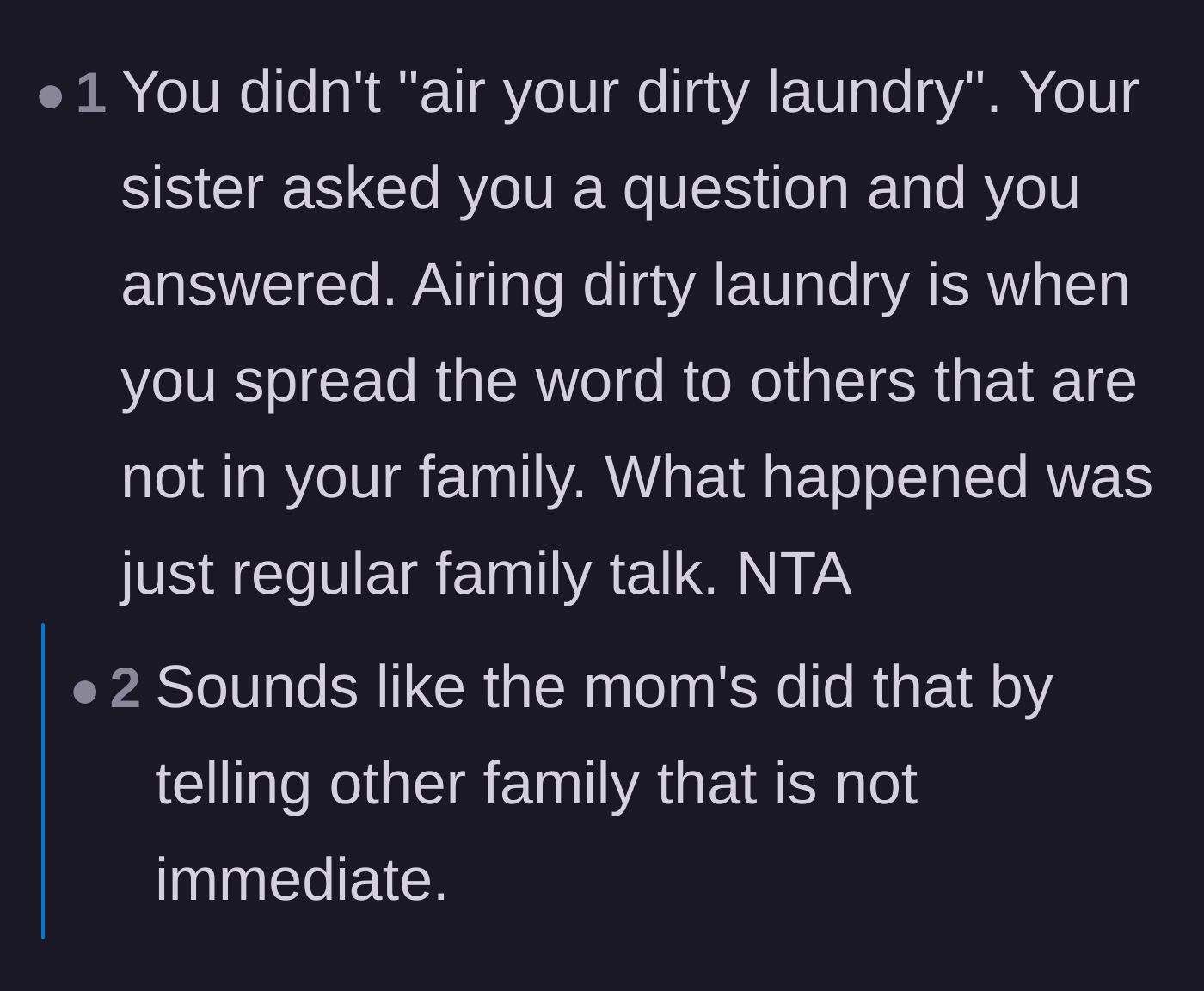 Comment thread 4 - A reader clarifies that answering a sibling's direct question is not the same thing as airing dirty laundry.