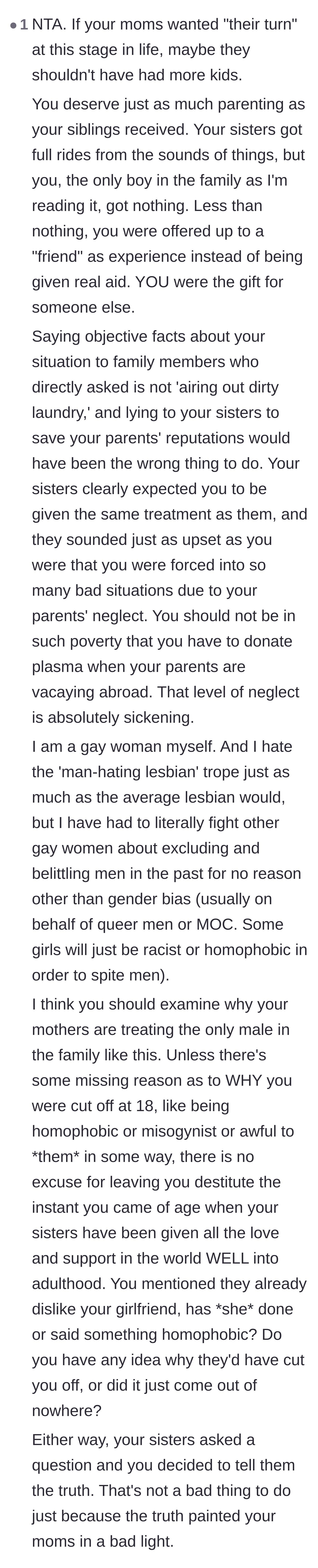Comment thread 5 - A detailed response questioning if the mothers' financial neglect of their only son is rooted in gender bias.