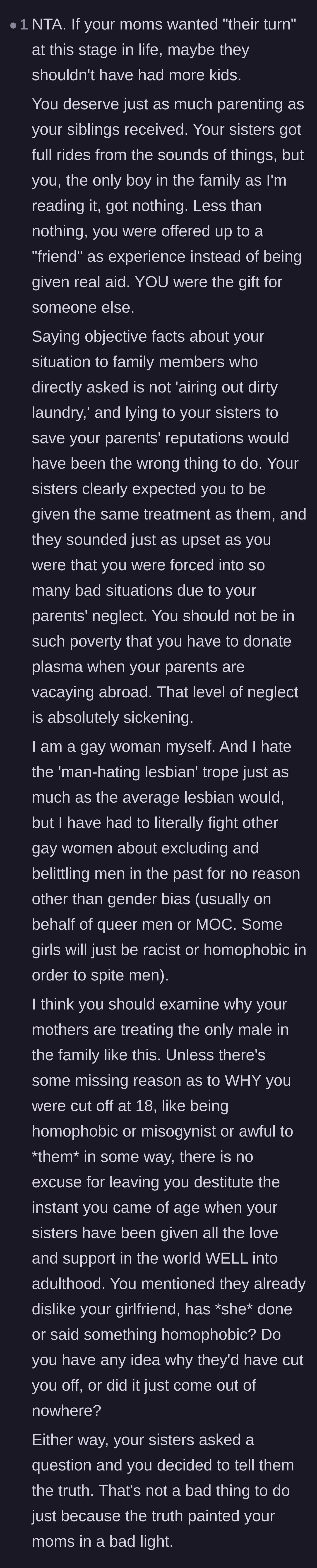 Comment thread 5 - A detailed response questioning if the mothers' financial neglect of their only son is rooted in gender bias.