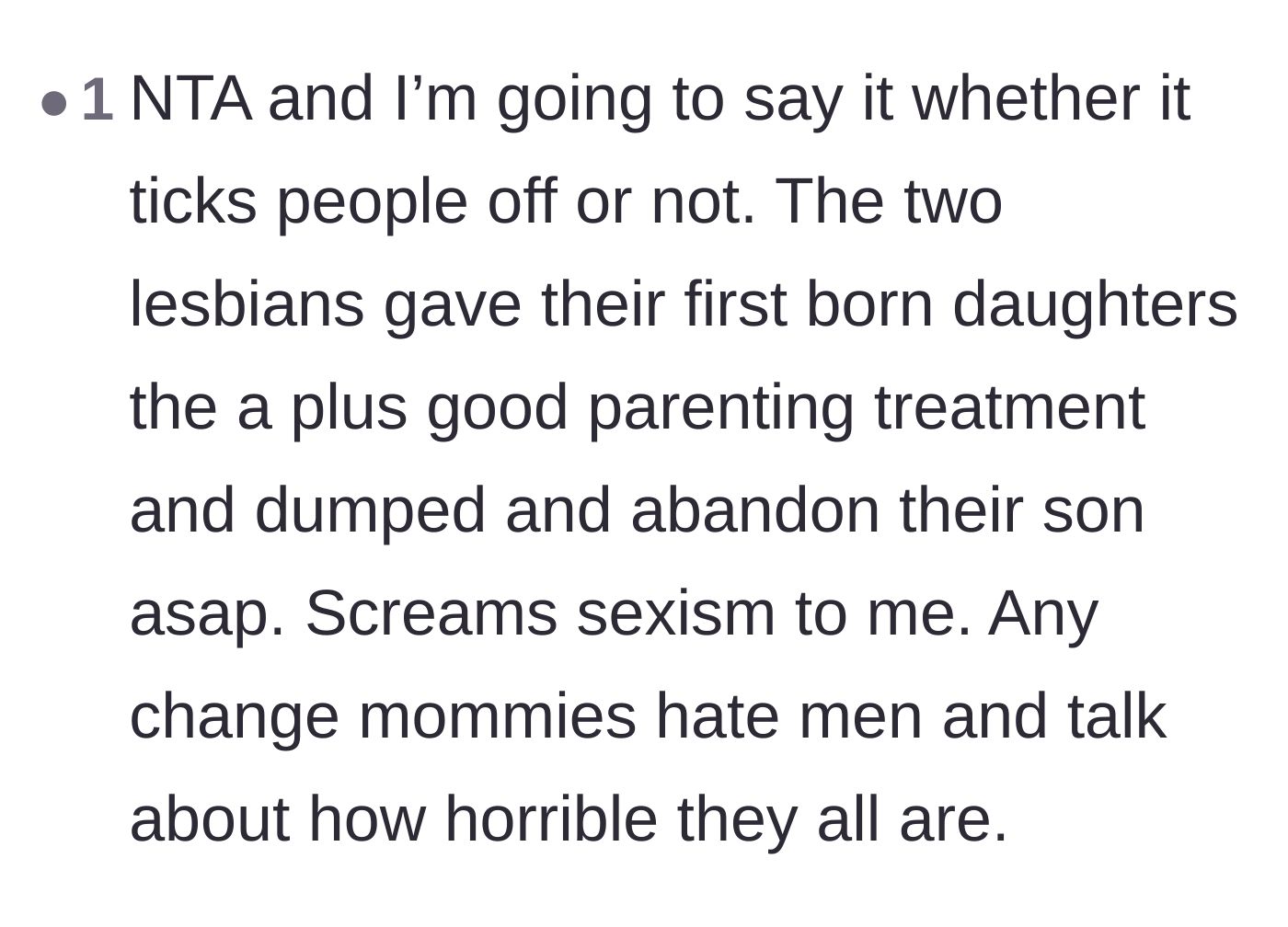 Comment thread 6 - A blunt comment calling out potential sexism from the mothers against their adopted son.