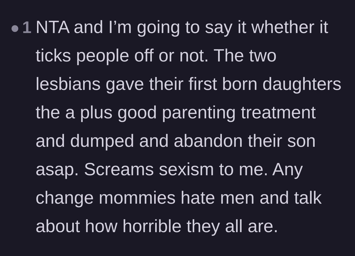 Comment thread 6 - A blunt comment calling out potential sexism from the mothers against their adopted son.